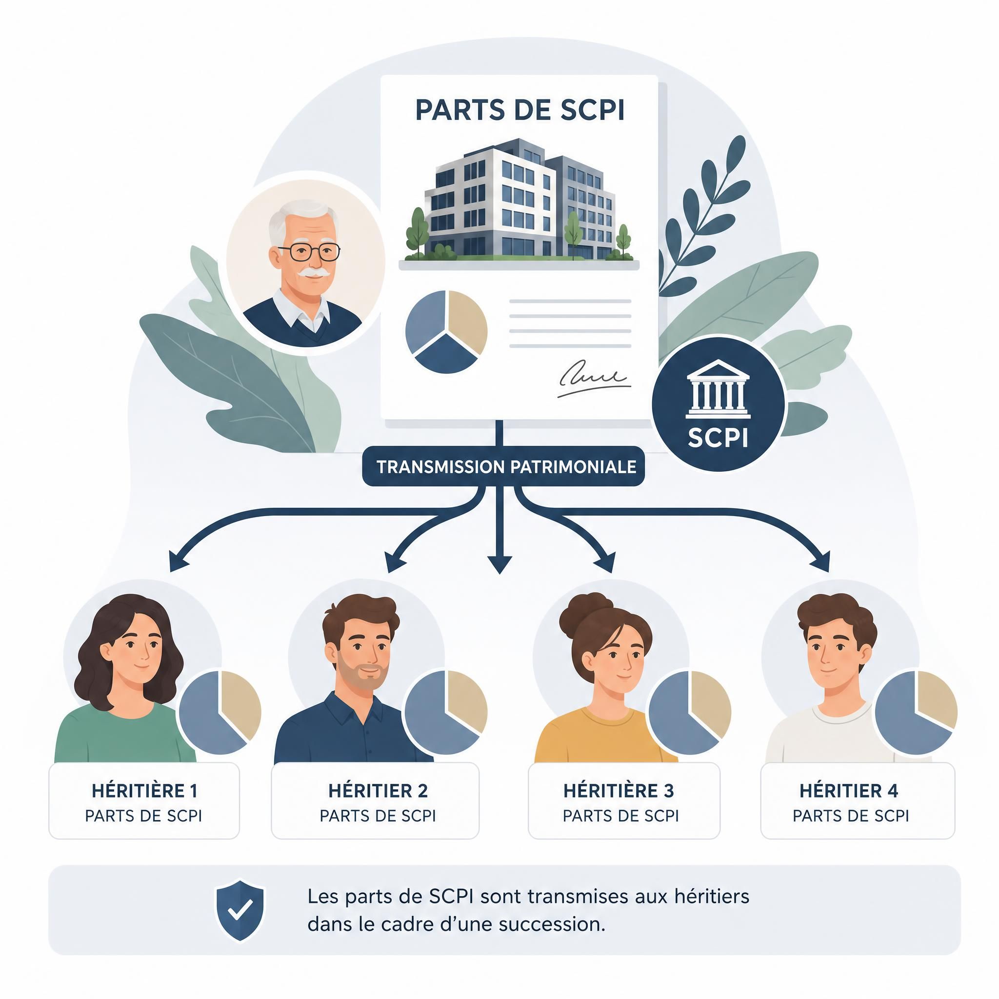 Illustration graphique de parts de SCPI divisées entre héritiers, avec flèches représentant la transmission patrimoniale