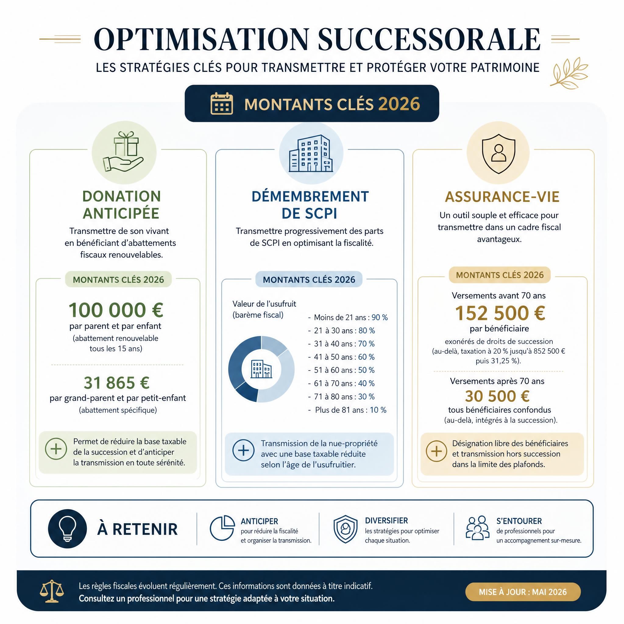Infographie récapitulative des stratégies d'optimisation successorale : donation anticipée, démembrement SCPI, assurance-vie, avec les montants clés 2026
