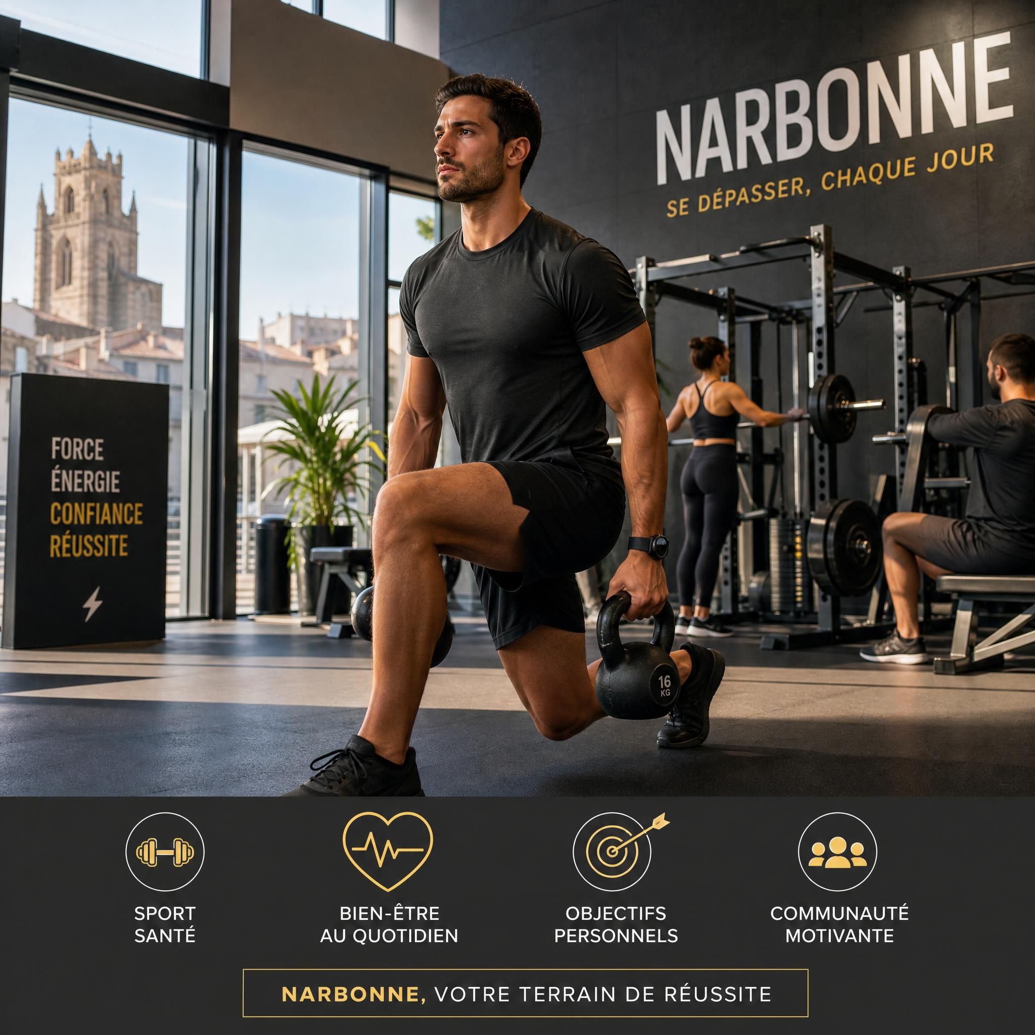 Personne motivée s'entraînant dans une salle de sport moderne à Narbonne, ambiance dynamique et inspirante