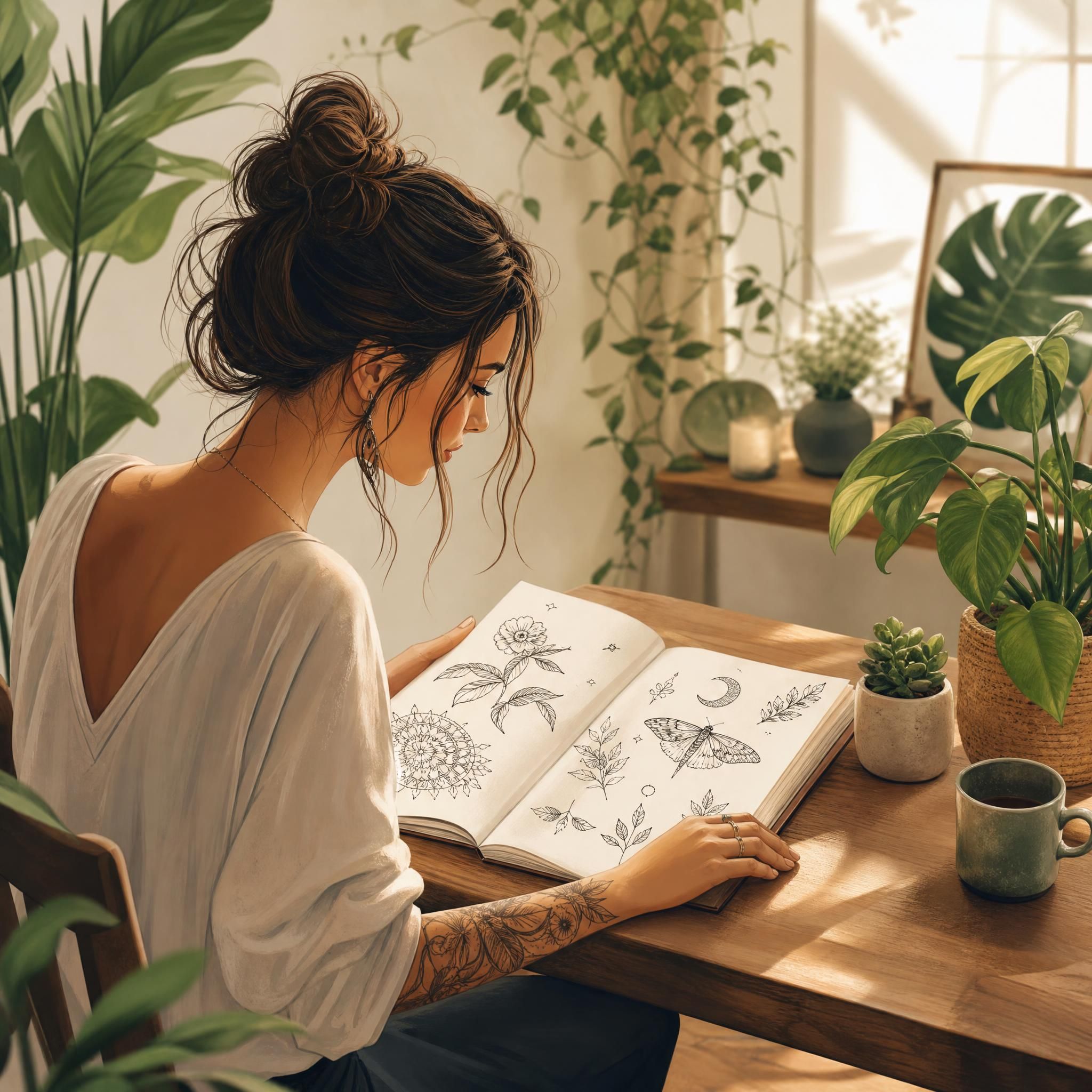 Illustration douce et apaisante d'une femme regardant des inspirations de tatouages sur un carnet, entourée de plantes, style illustratif sans texte