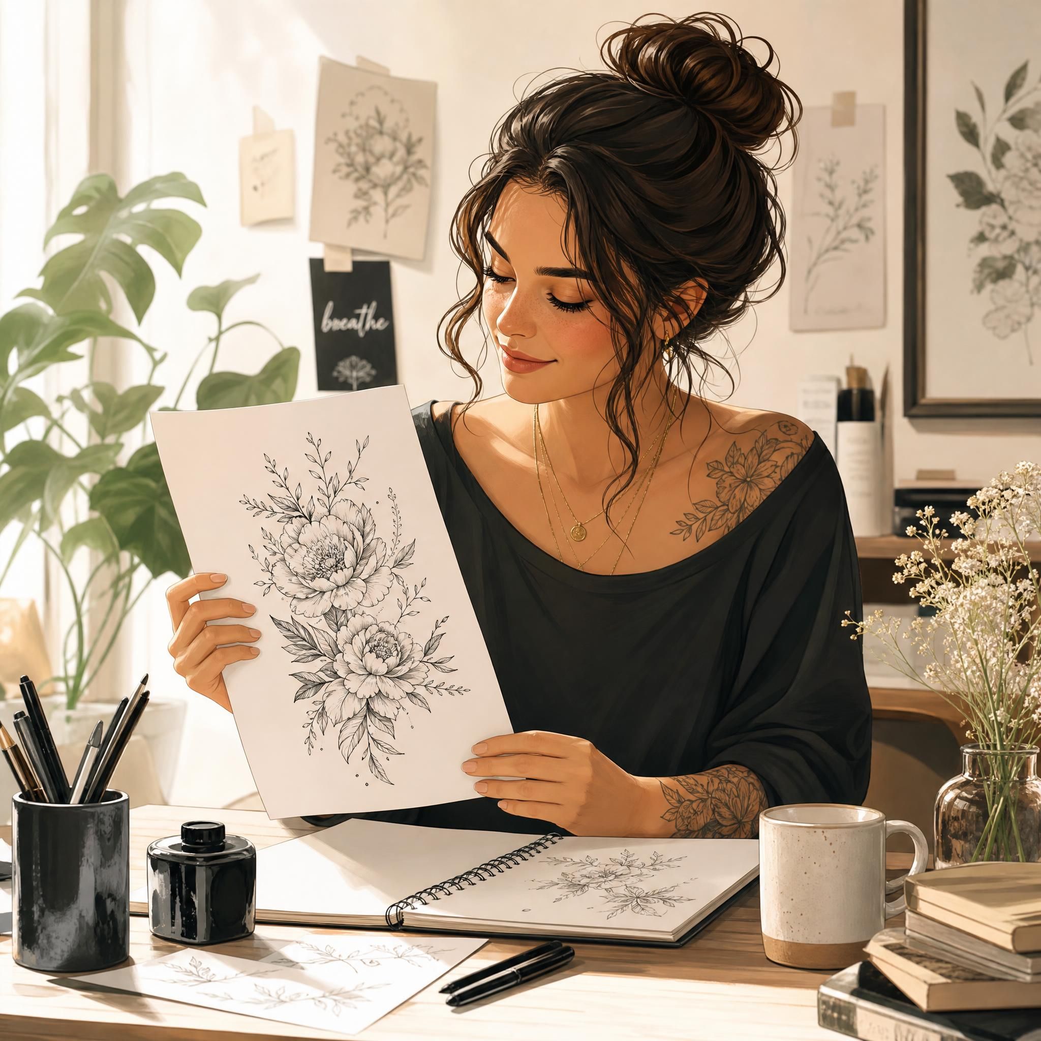 Illustration d'une femme sereine regardant une esquisse de tatouage floral, ambiance douce et inspirante, style illustratif