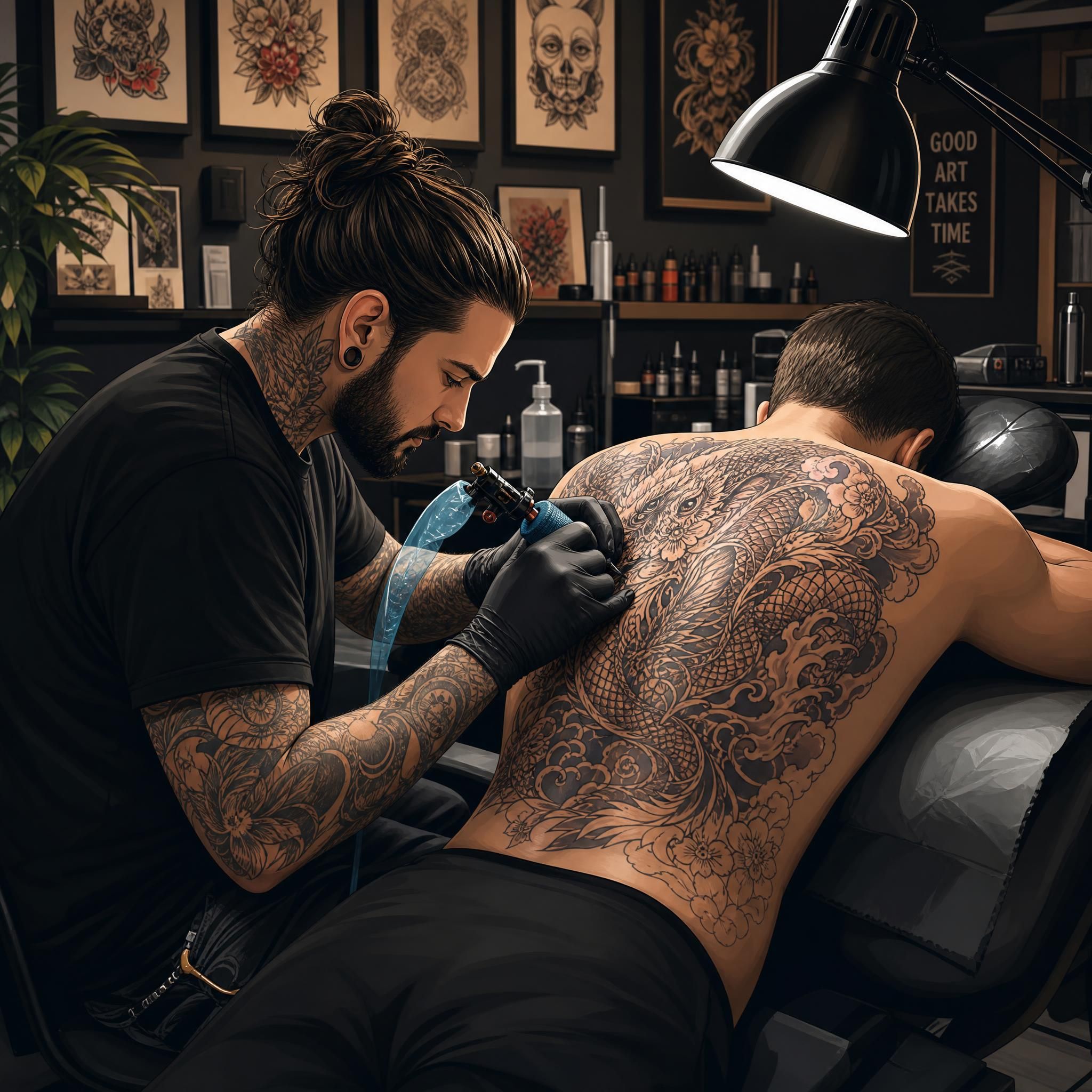 Illustration d'un tatoueur en train de travailler sur un grand tatouage dans le dos d'un client, ambiance studio professionnel, style illustratif
