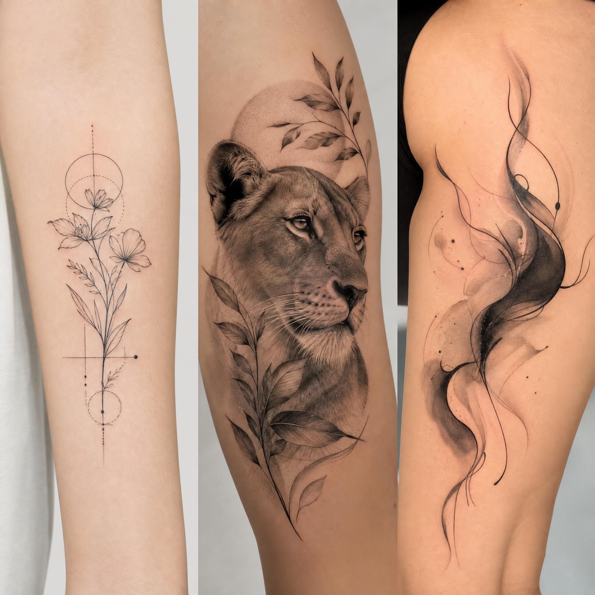 Illustration illustrative de différents styles de tatouage côte à côte — fine line, micro-réalisme, style fluide — sur fond neutre, sans texte
