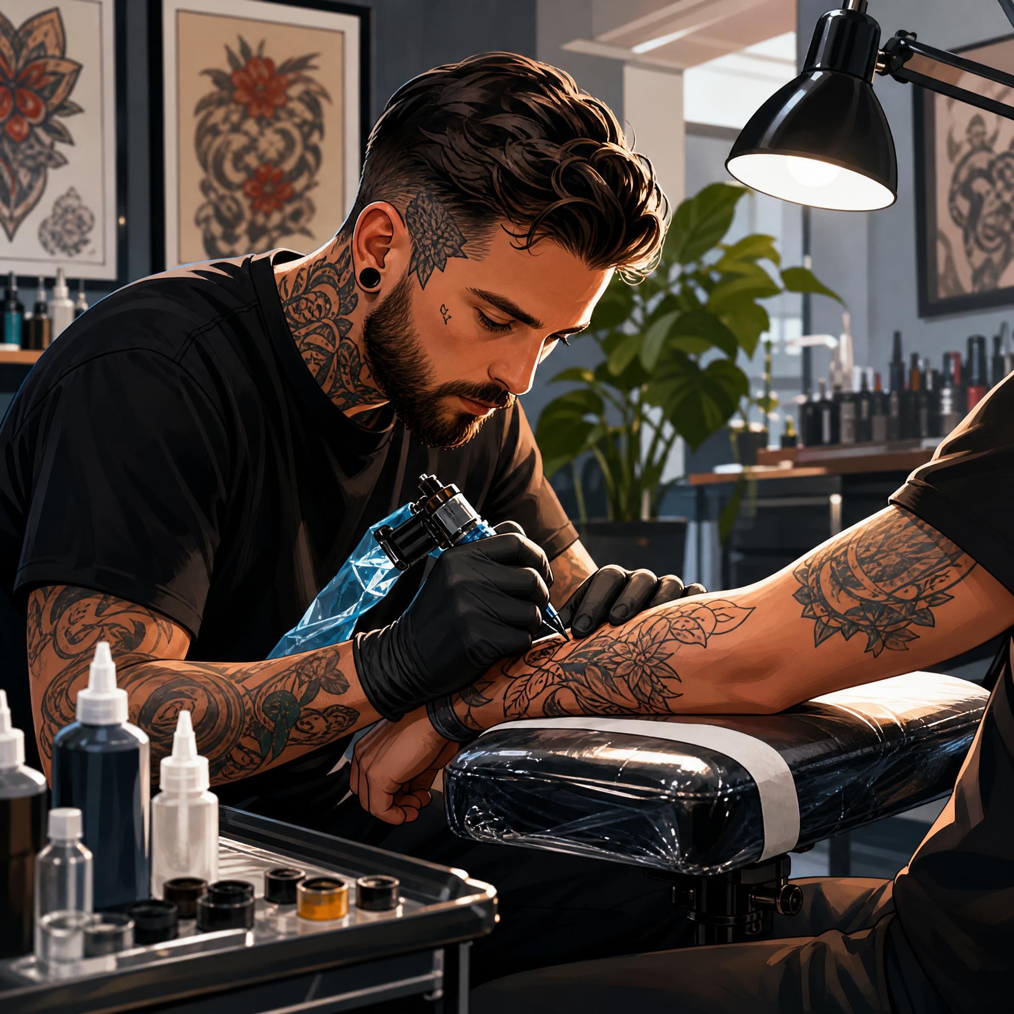 Illustration artistique d'un tatoueur professionnel travaillant dans un studio moderne, style illustratif coloré sans texte