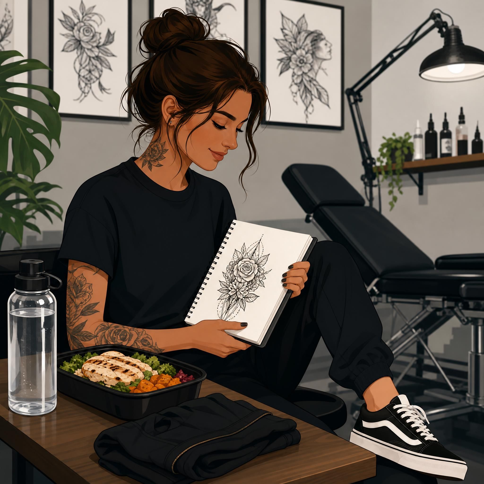Illustration d'une personne bien préparée avant sa séance de tatouage, avec une bouteille d'eau, un repas, des vêtements adaptés et un carnet de notes avec son design, style illustratif sans texte