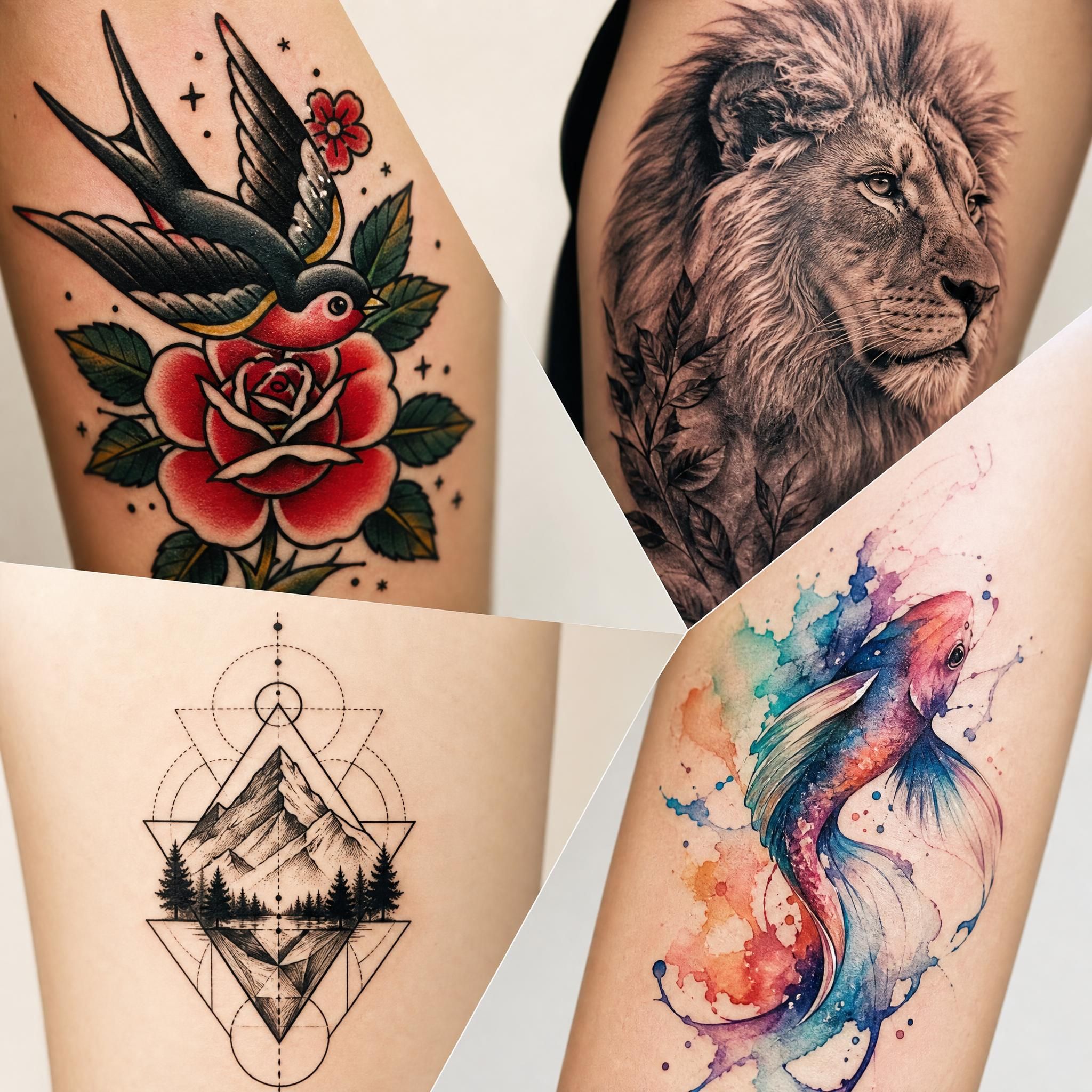 Illustration présentant une mosaïque de différents styles de tatouage old school, réaliste, géométrique et aquarelle, style illustratif sans texte
