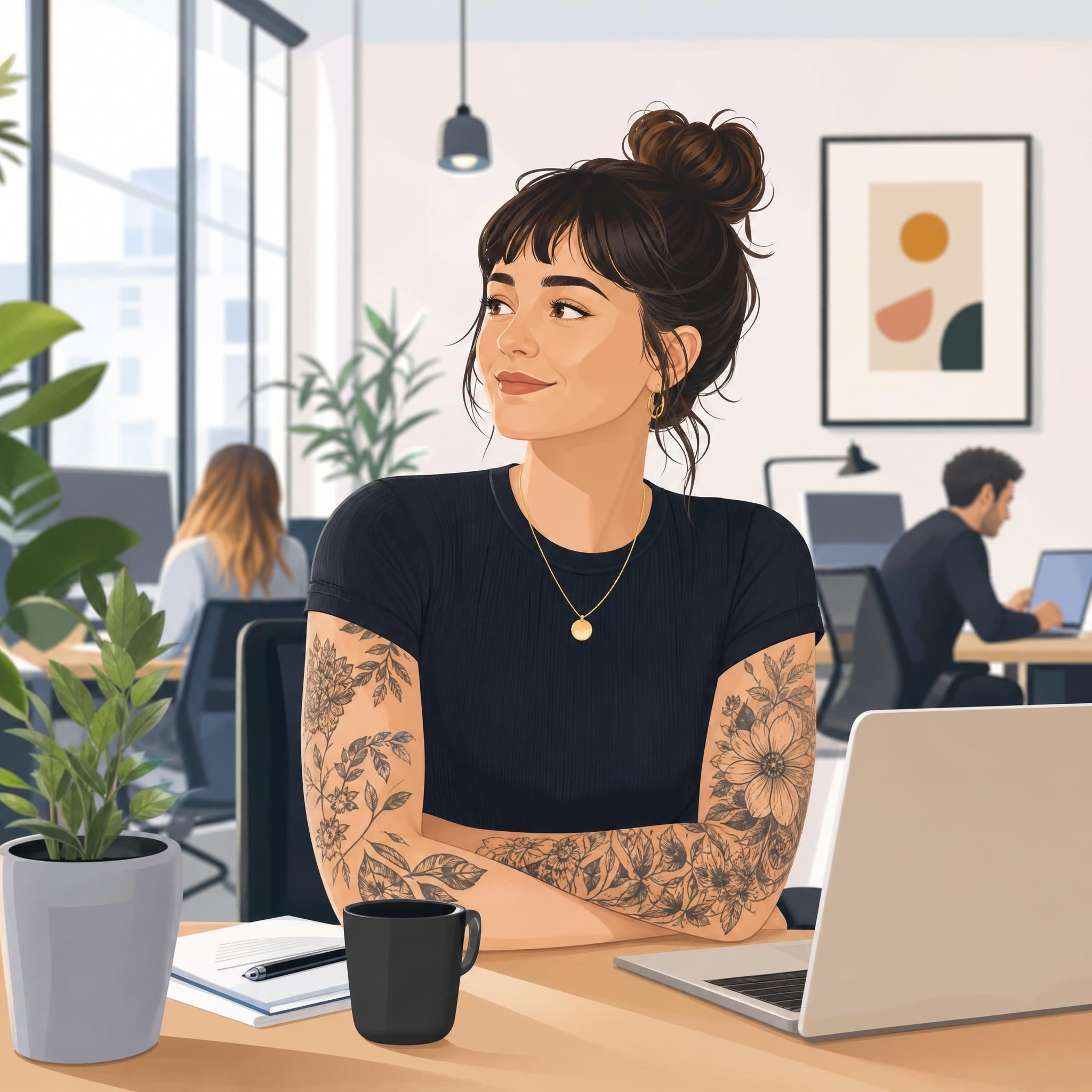 Illustration d'une personne tatouée dans un environnement professionnel moderne, style illustratif doux et bienveillant sans texte