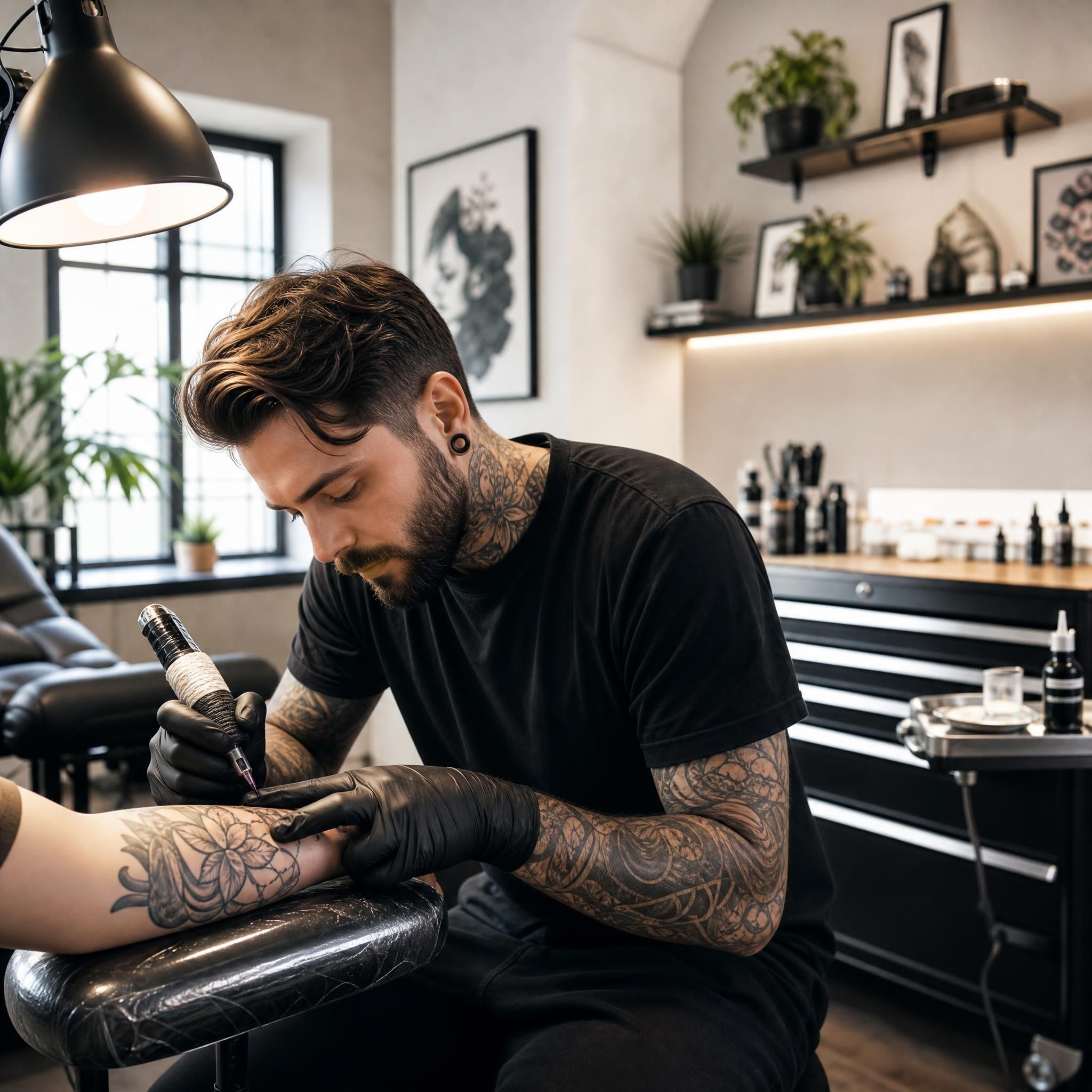 Illustration illustrative d'un tatoueur en train de travailler dans un studio moderne et lumineux, ambiance professionnelle et artistique, sans texte