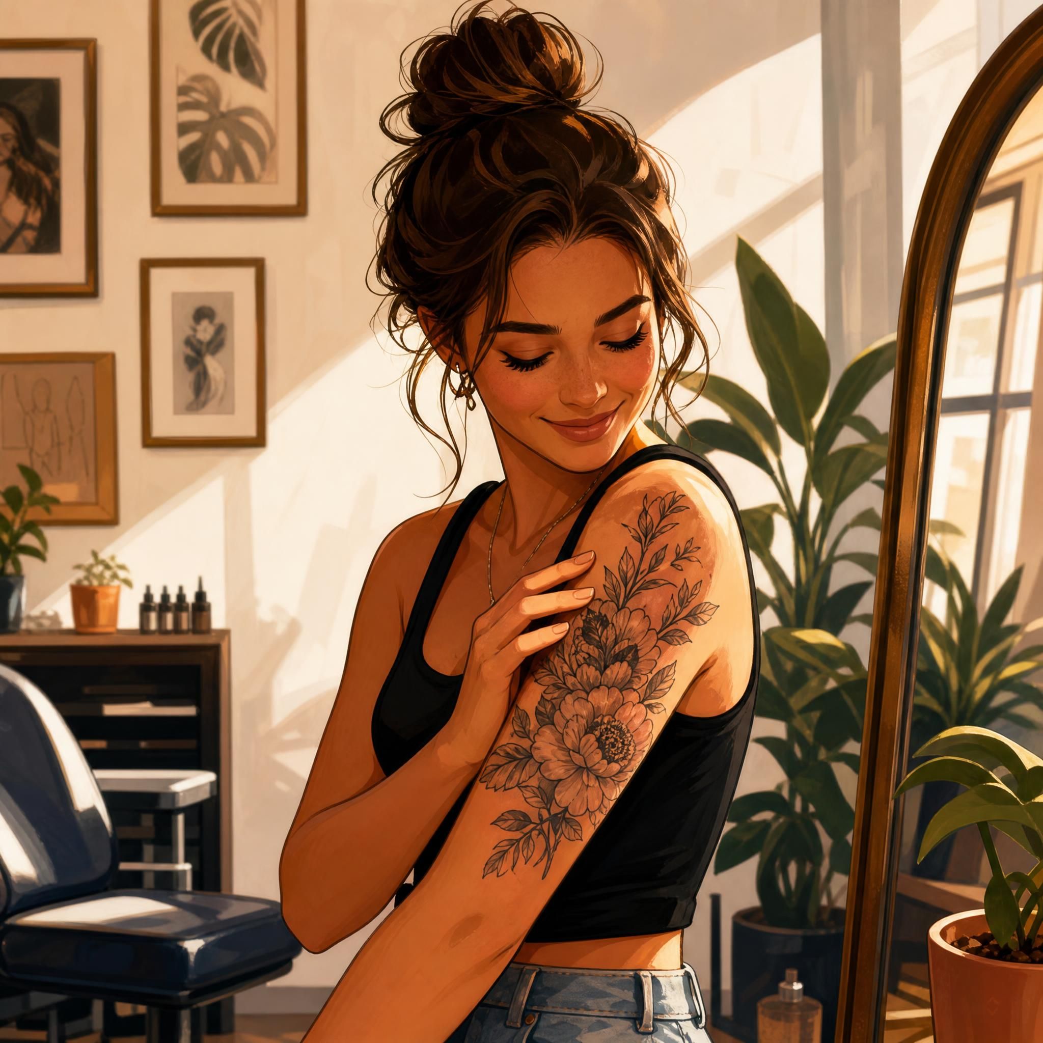 Illustration inspirante d'une personne admirant son nouveau tatouage avec fierté, style illustratif chaleureux sans texte