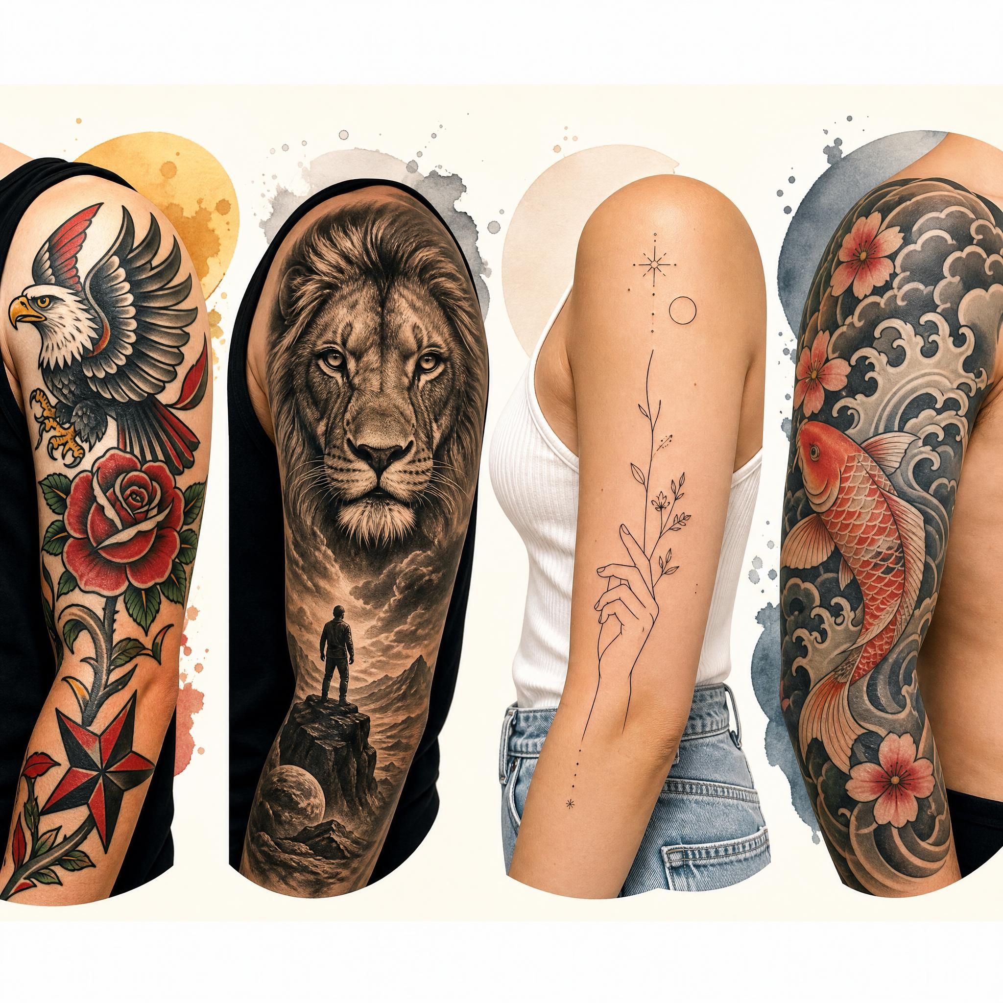 Illustration colorée et illustrative montrant différents styles de tatouage côte à côte - traditionnel, réaliste, minimaliste et japonais - sur fond clair sans texte
