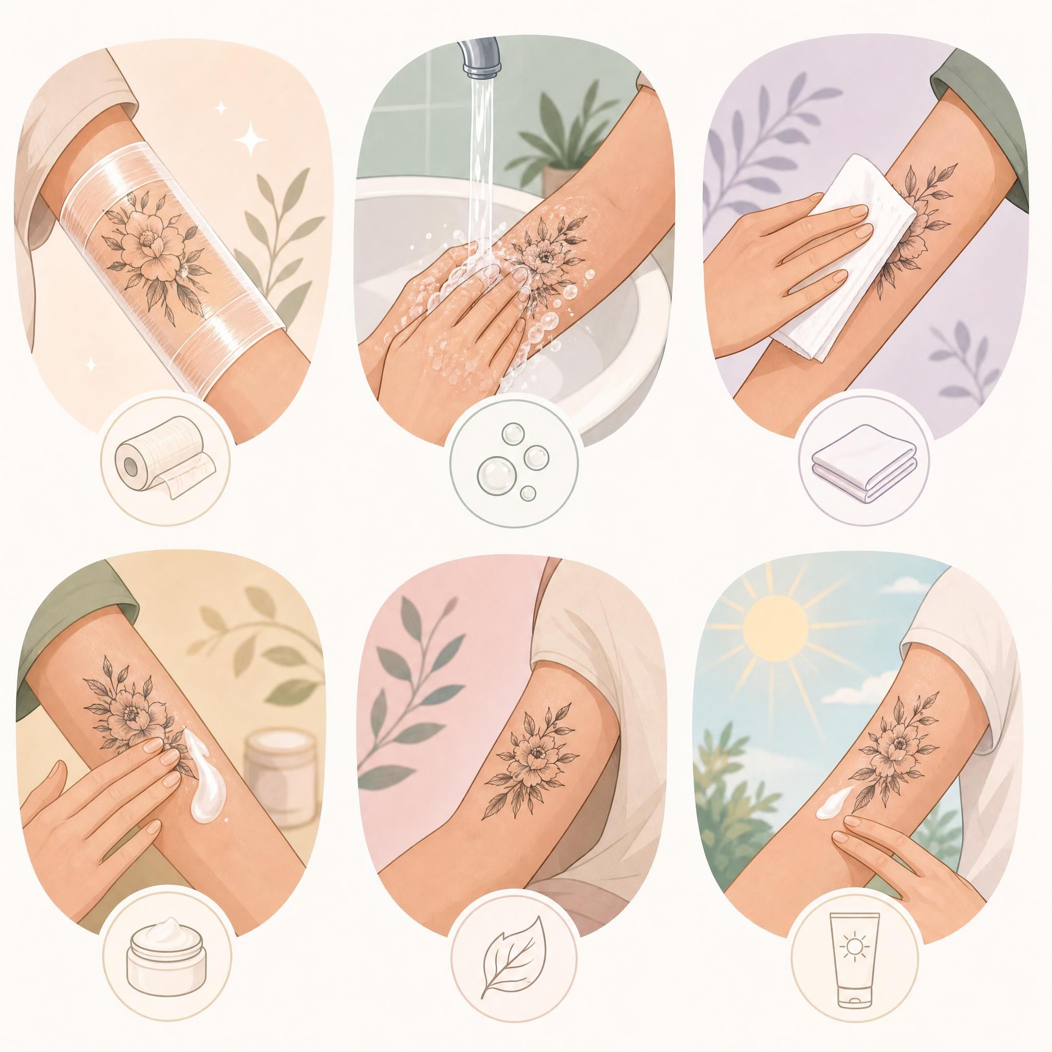 Illustration douce et rassurante montrant les étapes de soin d'un tatouage, style illustratif pastel sans texte