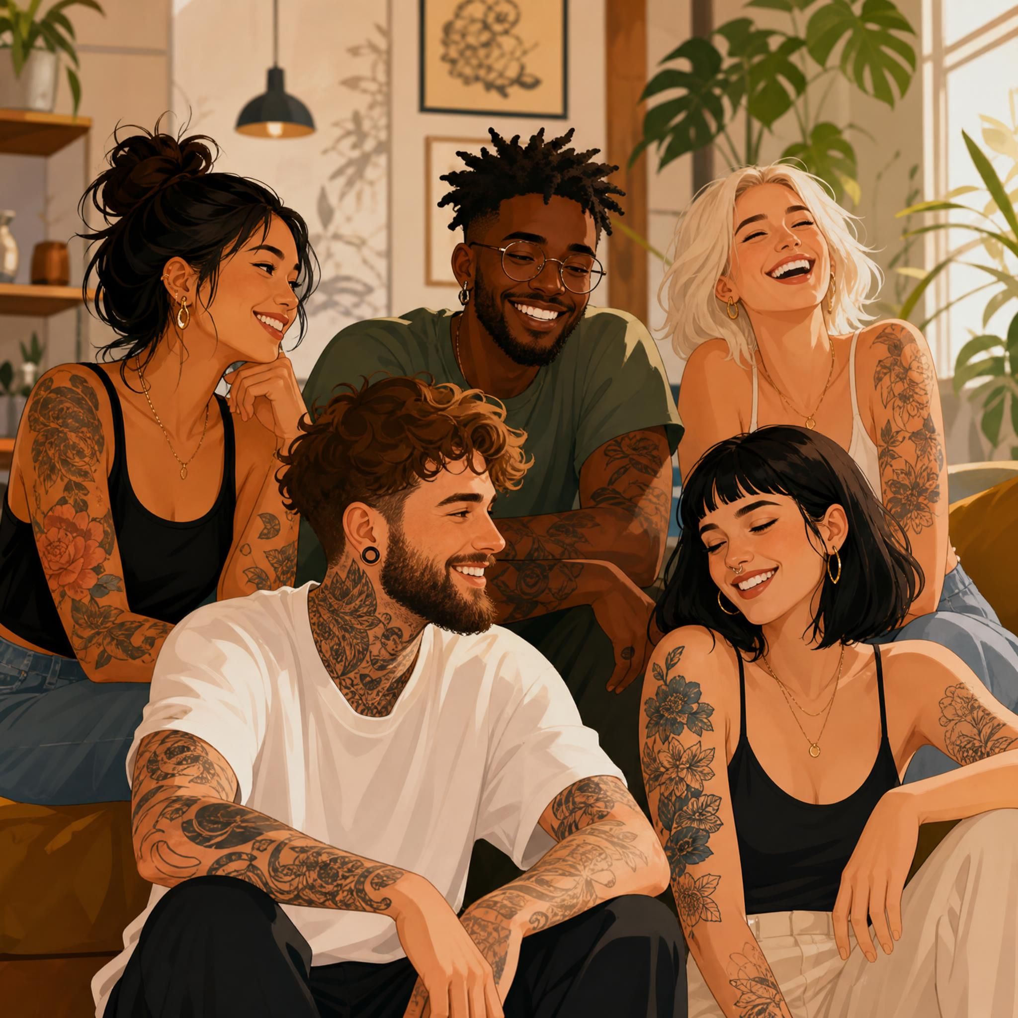 Illustration colorée et chaleureuse montrant plusieurs personnes heureuses avec leurs tatouages, style illustratif sans texte