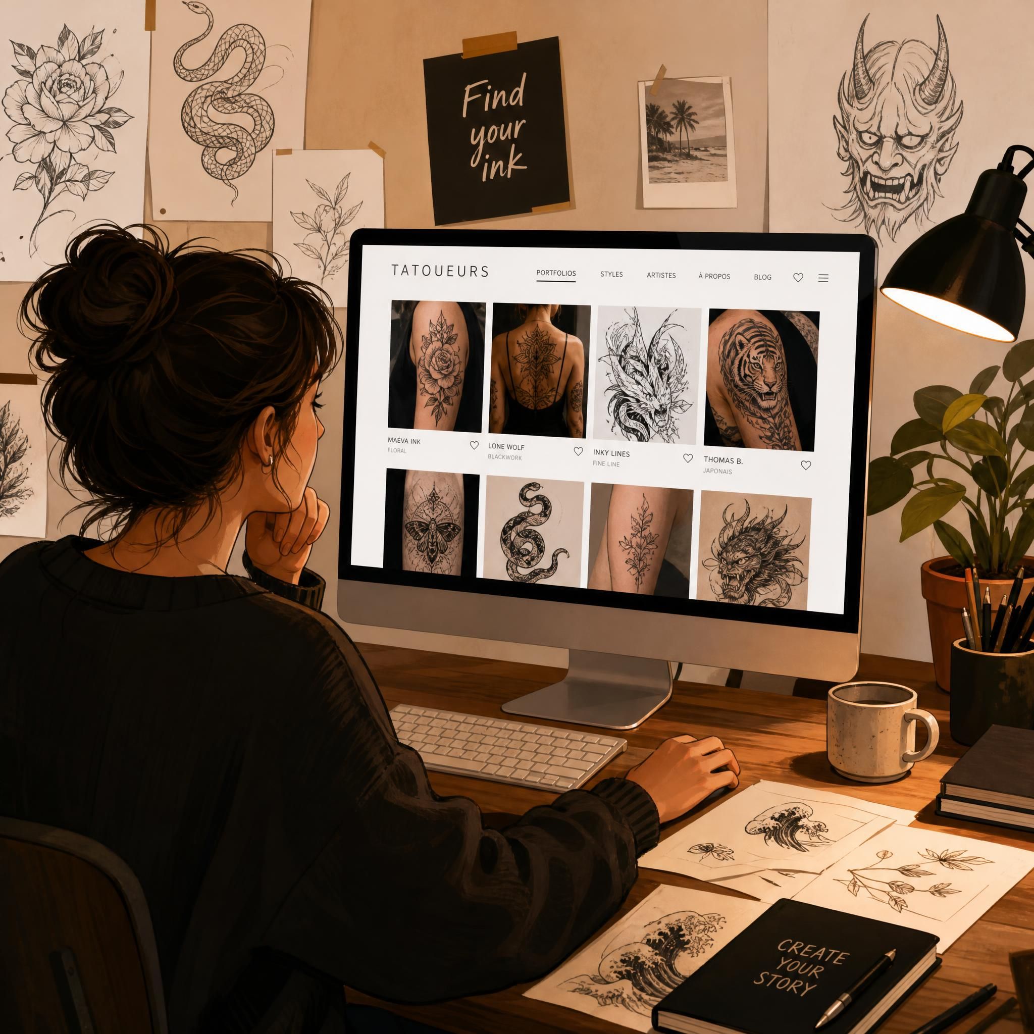 Illustration d'une personne parcourant des portfolios de tatoueurs sur un écran, entourée d'esquisses de tatouages variés, style illustratif chaleureux