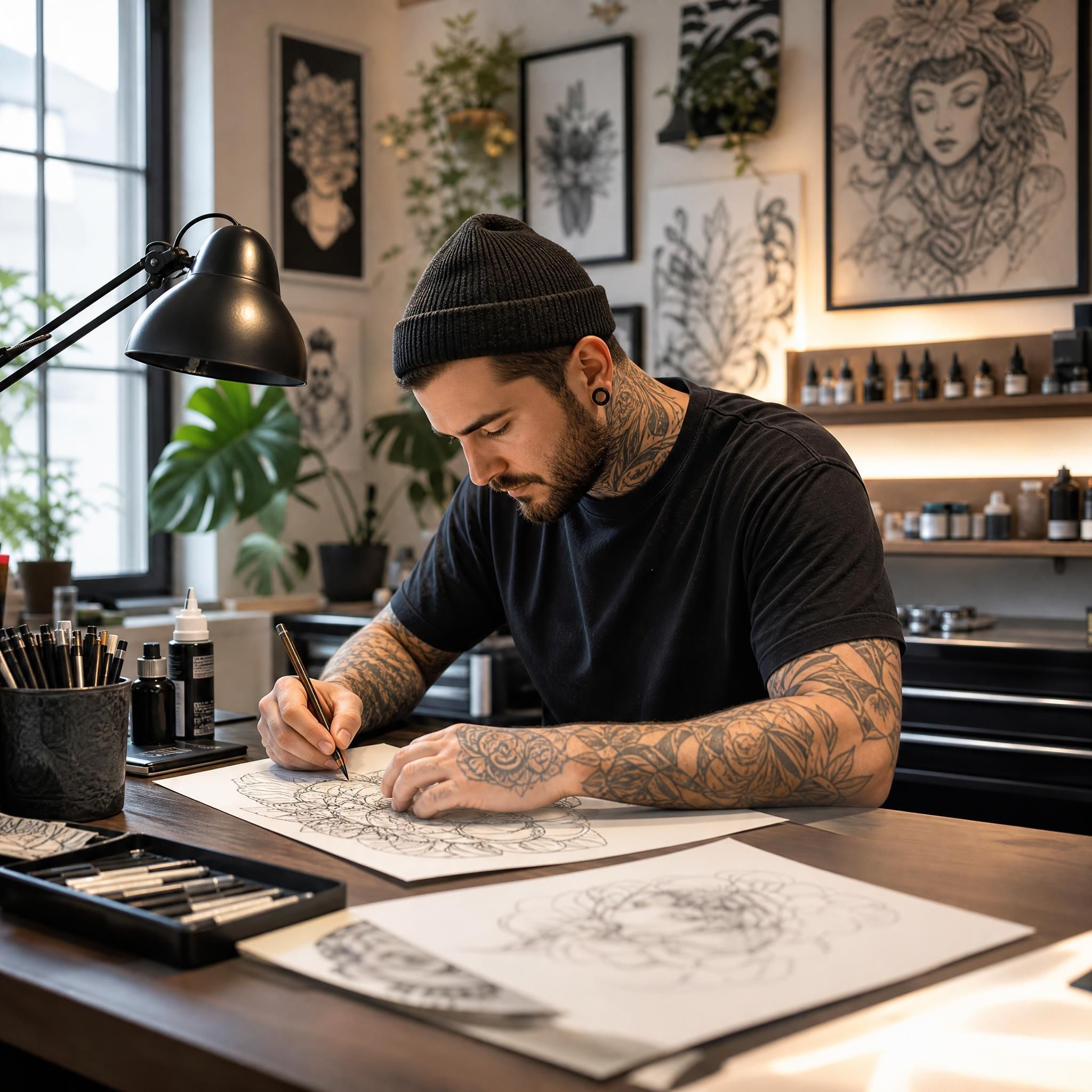 Illustration illustrative d'un tatoueur professionnel dans son studio propre et bien éclairé, en train de travailler sur un dessin préparatoire, ambiance chaleureuse et artistique, sans texte