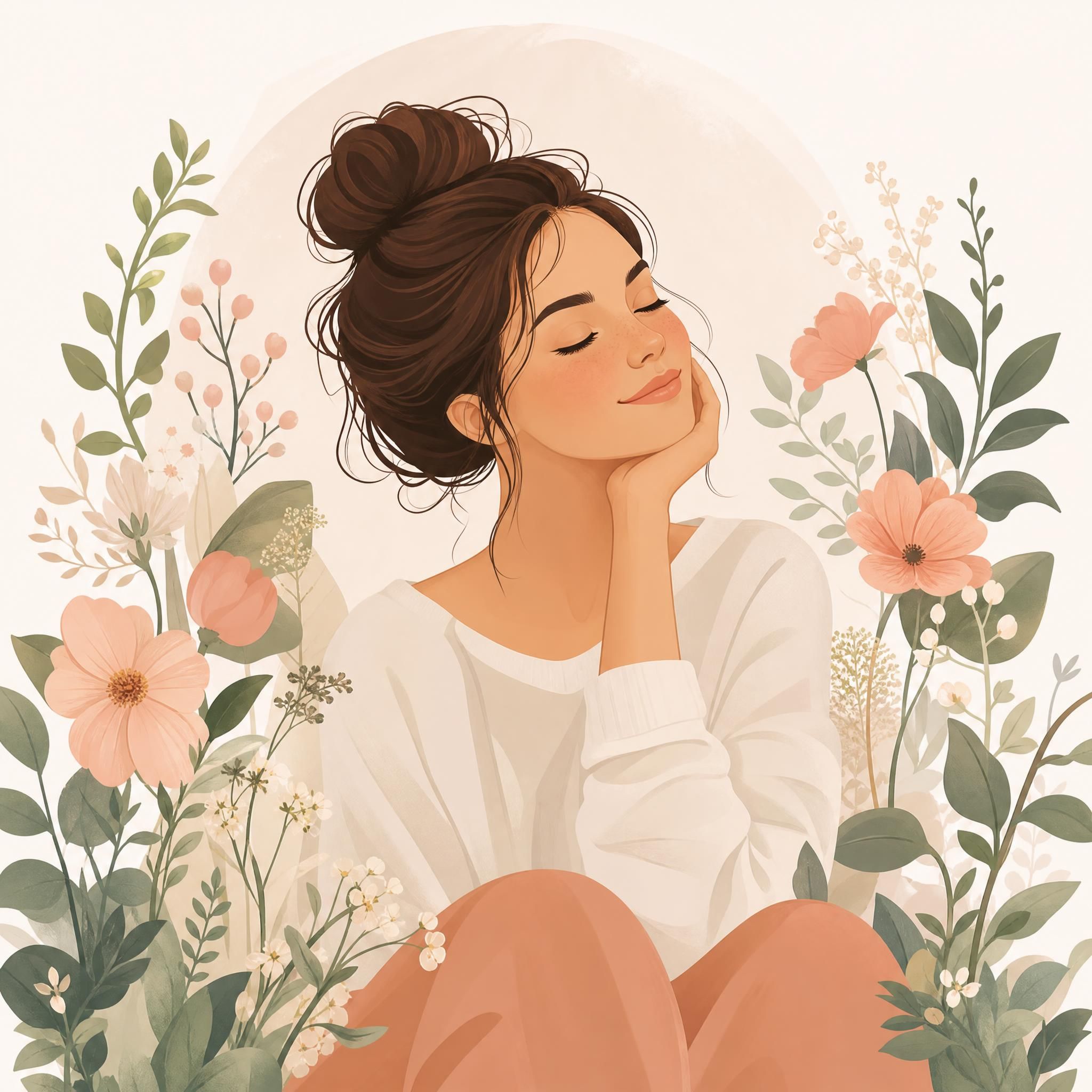 Illustration douce et illustrative d'une femme sereine entourée de motifs floraux délicats, ambiance apaisante, sans texte