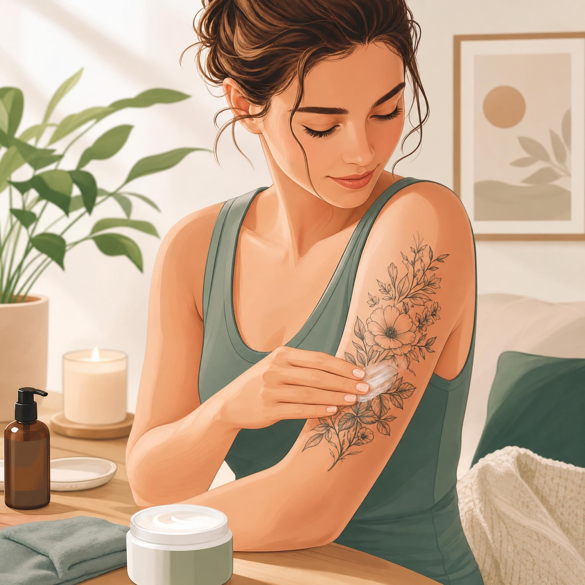 Illustration douce et apaisante d'une personne appliquant un soin sur un tatouage récent, avec des éléments visuels évoquant la guérison et le bien-être, style illustratif sans texte
