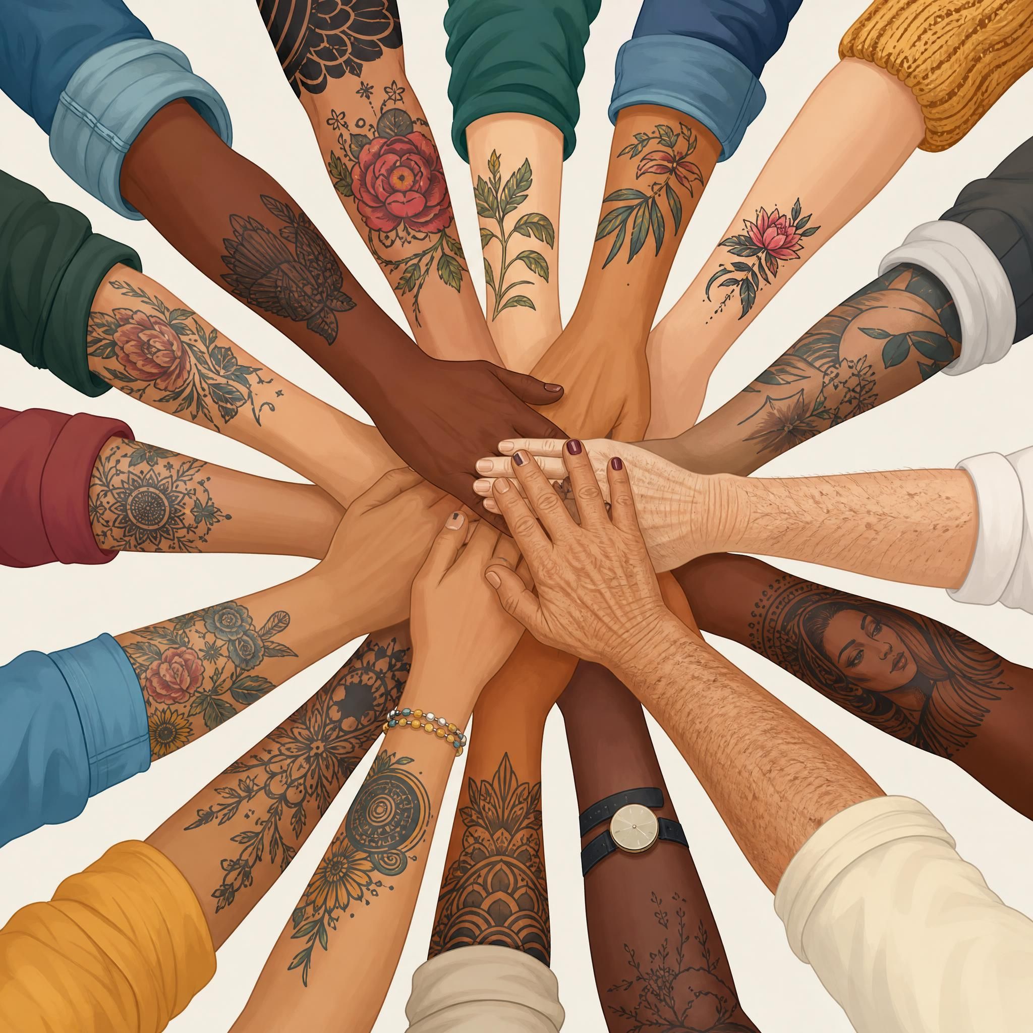 Illustration de bras tatoués de diverses personnes représentant différentes générations et milieux sociaux, style illustratif coloré sans texte