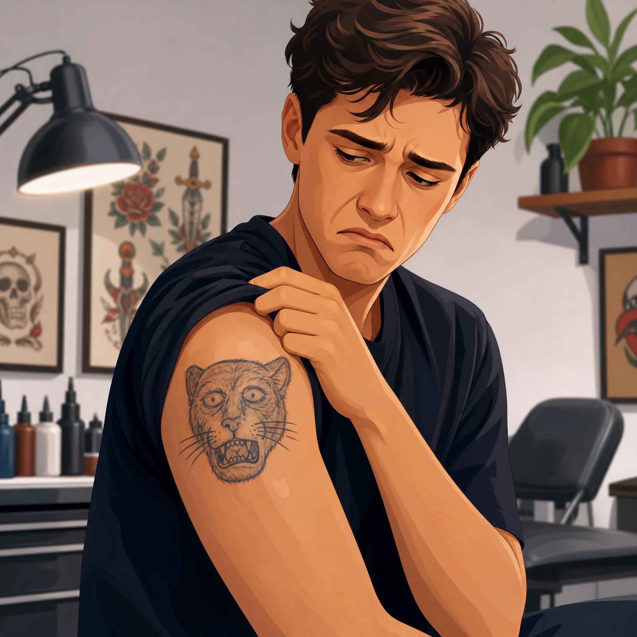 Illustration d'une personne regardant un tatouage raté avec une expression déçue, style illustratif coloré sans texte