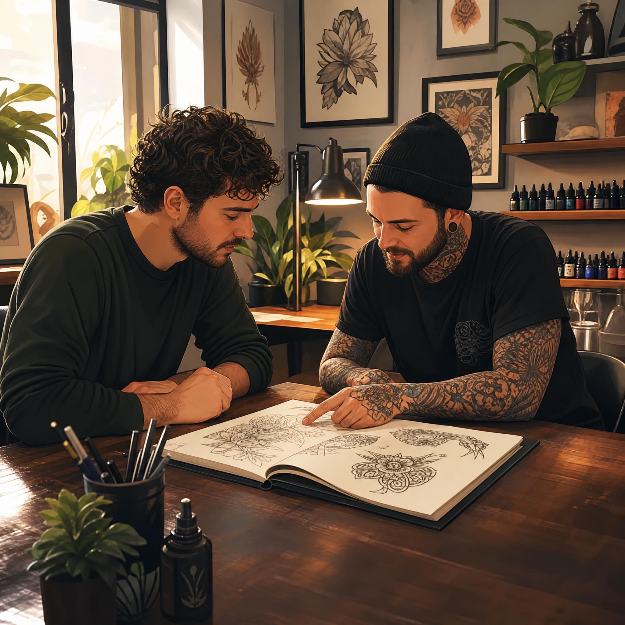 Illustration d'une consultation entre un client et un tatoueur autour d'un carnet de croquis dans un studio chaleureux, style illustratif sans texte