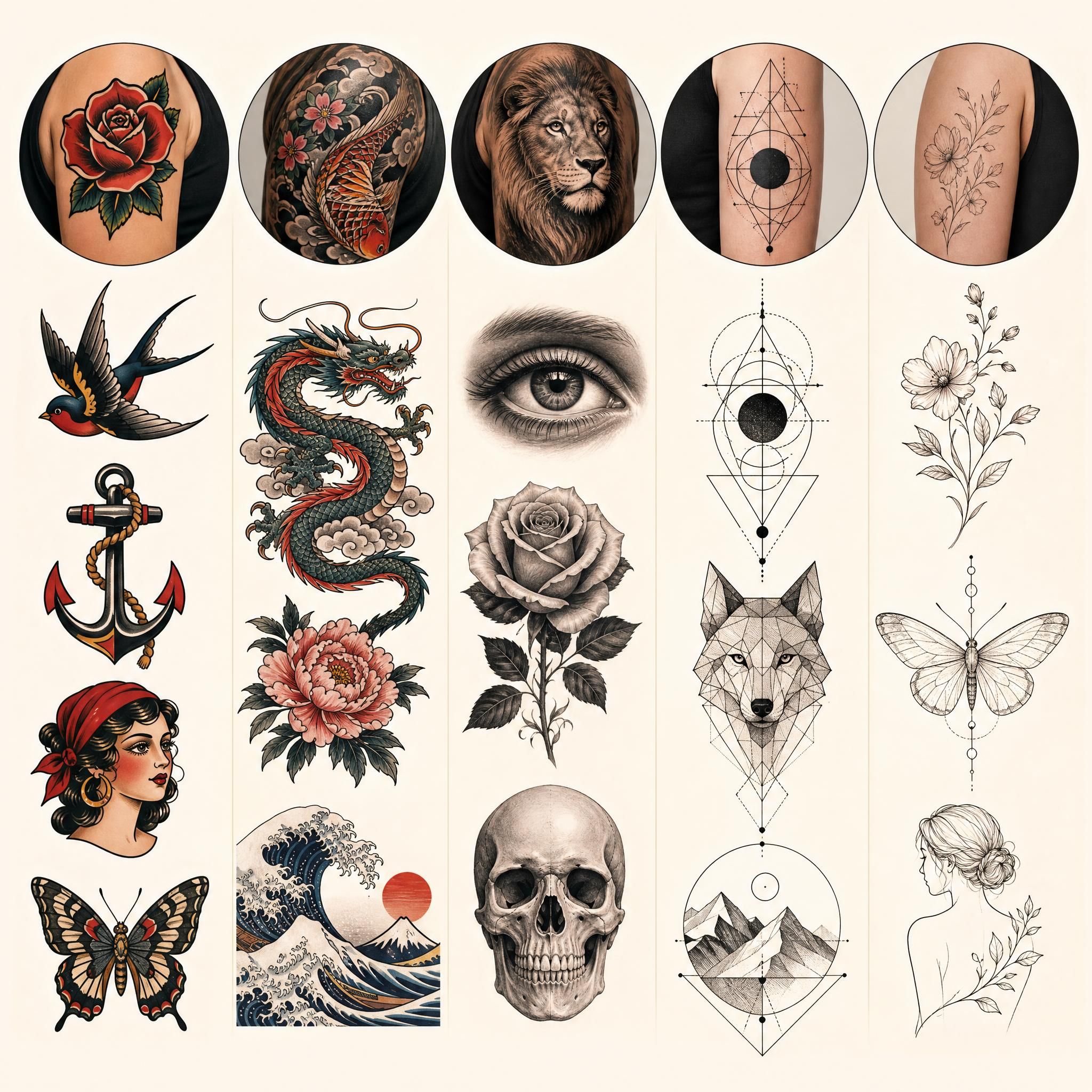 Illustration montrant une planche visuelle des différents styles de tatouage (old school, japonais, réalisme, géométrique, fine line) avec des exemples de motifs typiques, style illustratif sans texte