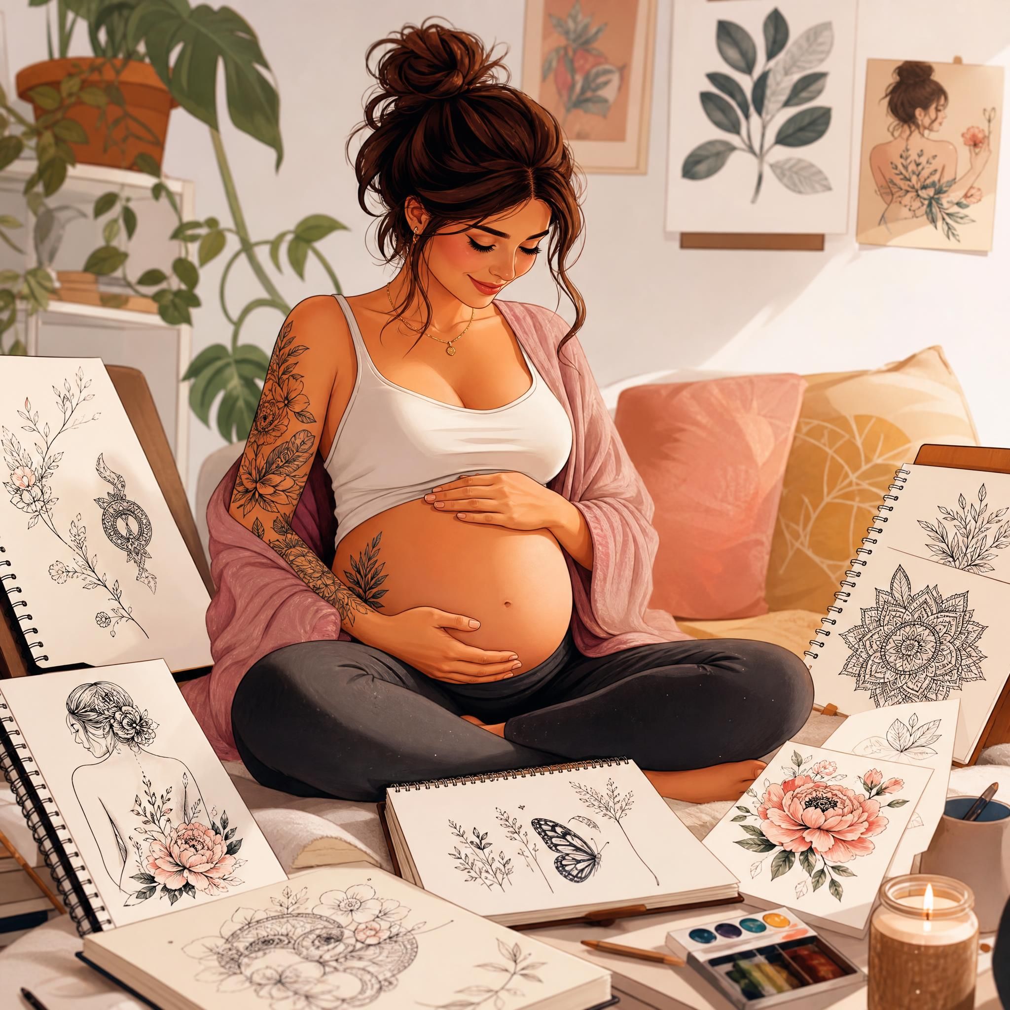 Illustration d'une femme enceinte entourée de carnets de croquis et d'inspirations de tatouages, style illustratif tendre et coloré sans texte