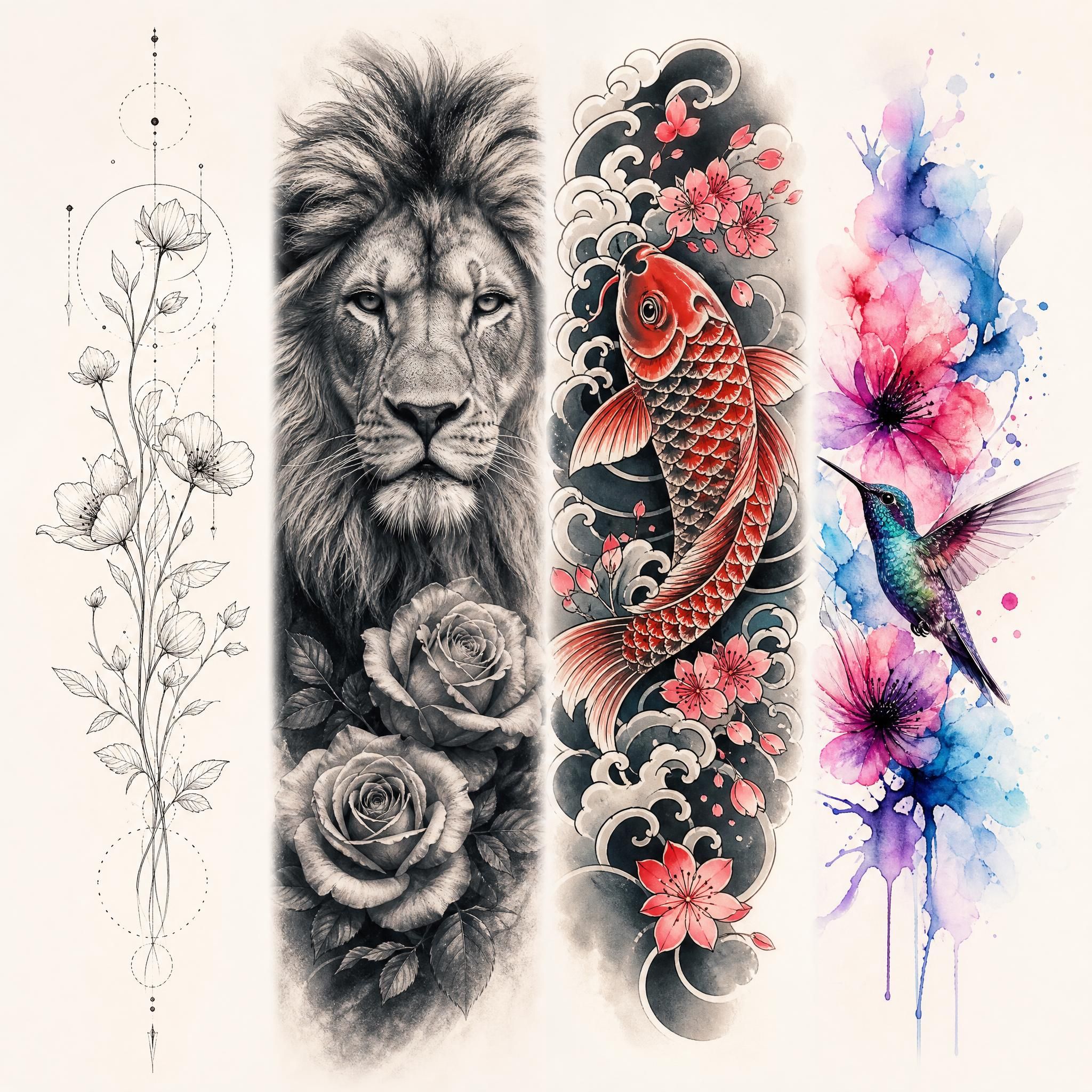 Illustration représentant différents styles de tatouage côte à côte - fine line, réalisme, traditionnel japonais, aquarelle - style illustratif sans texte