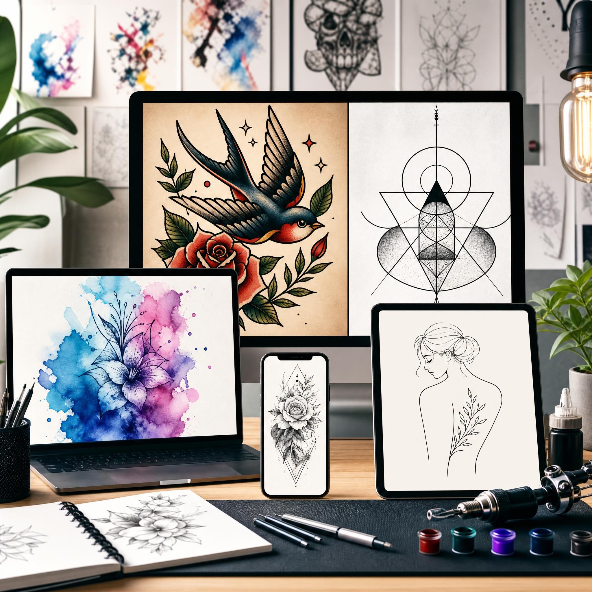 Illustration représentant plusieurs écrans affichant des styles de tatouage variés (old school, géométrique, aquarelle, minimaliste), ambiance créative et colorée sans texte
