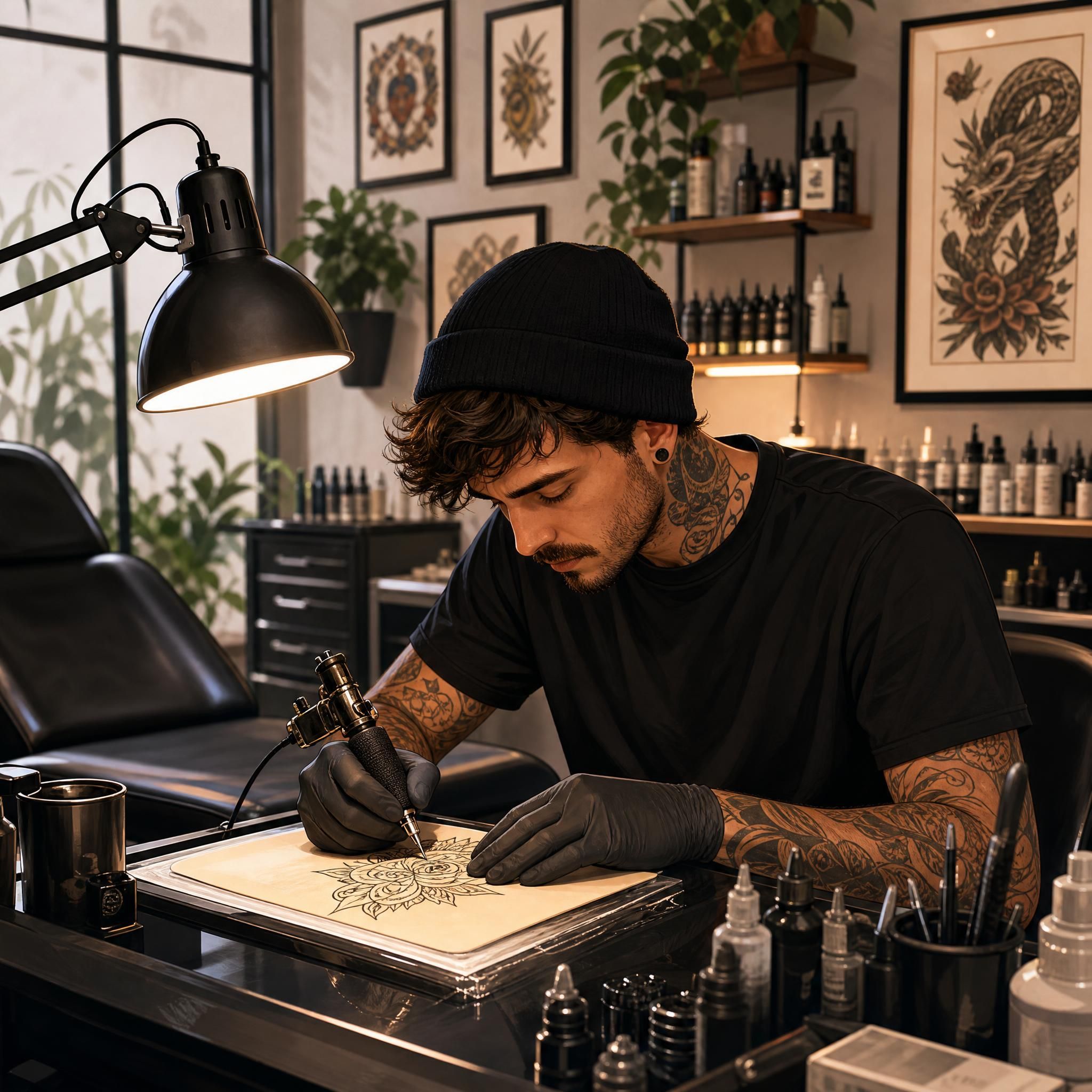 Illustration d'un tatoueur professionnel dans son studio propre et bien équipé, style illustratif moderne et chaleureux sans texte