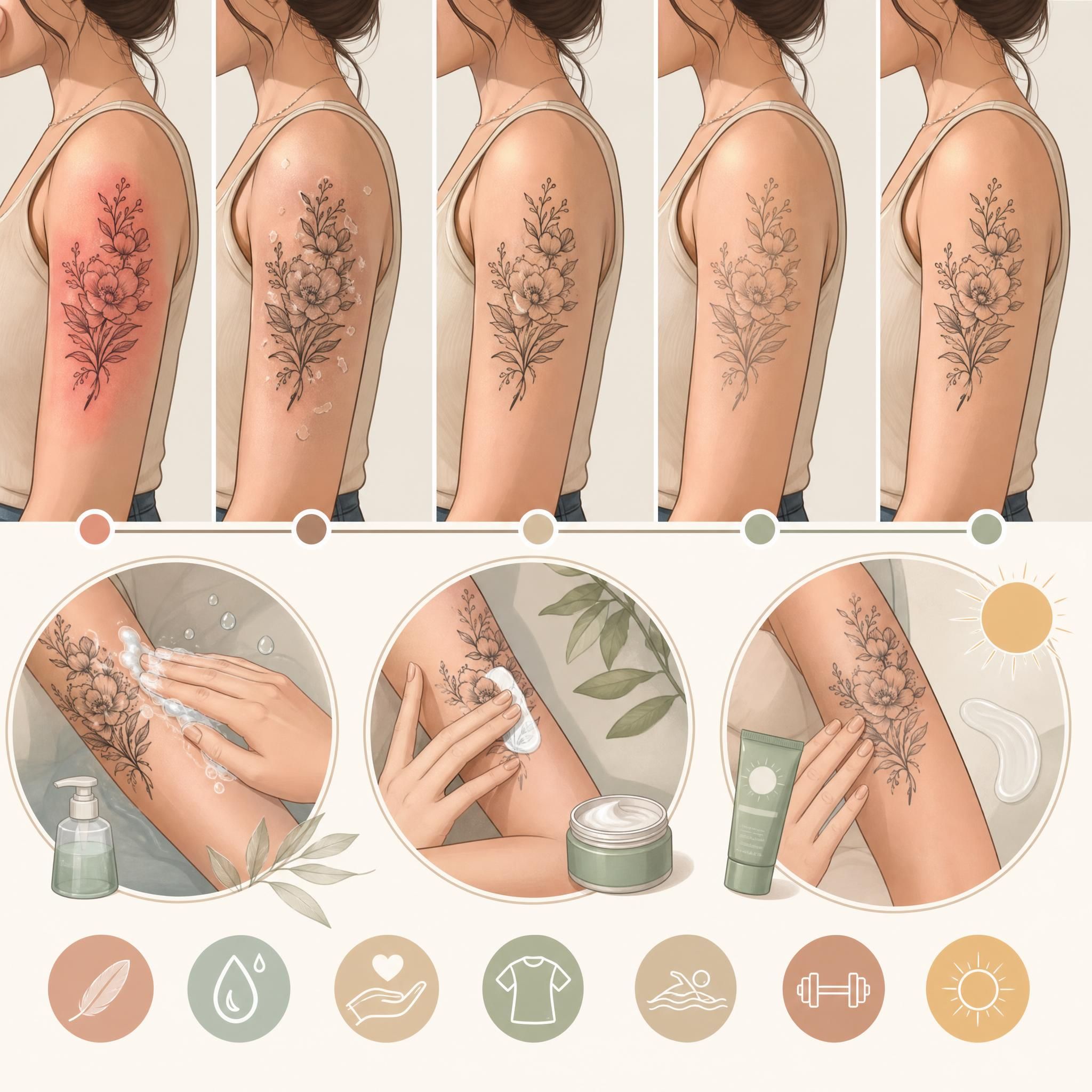 Illustration douce et rassurante montrant les étapes de cicatrisation d'un tatouage avec les bons gestes de soin (crème, nettoyage doux, protection solaire), style illustratif sans texte