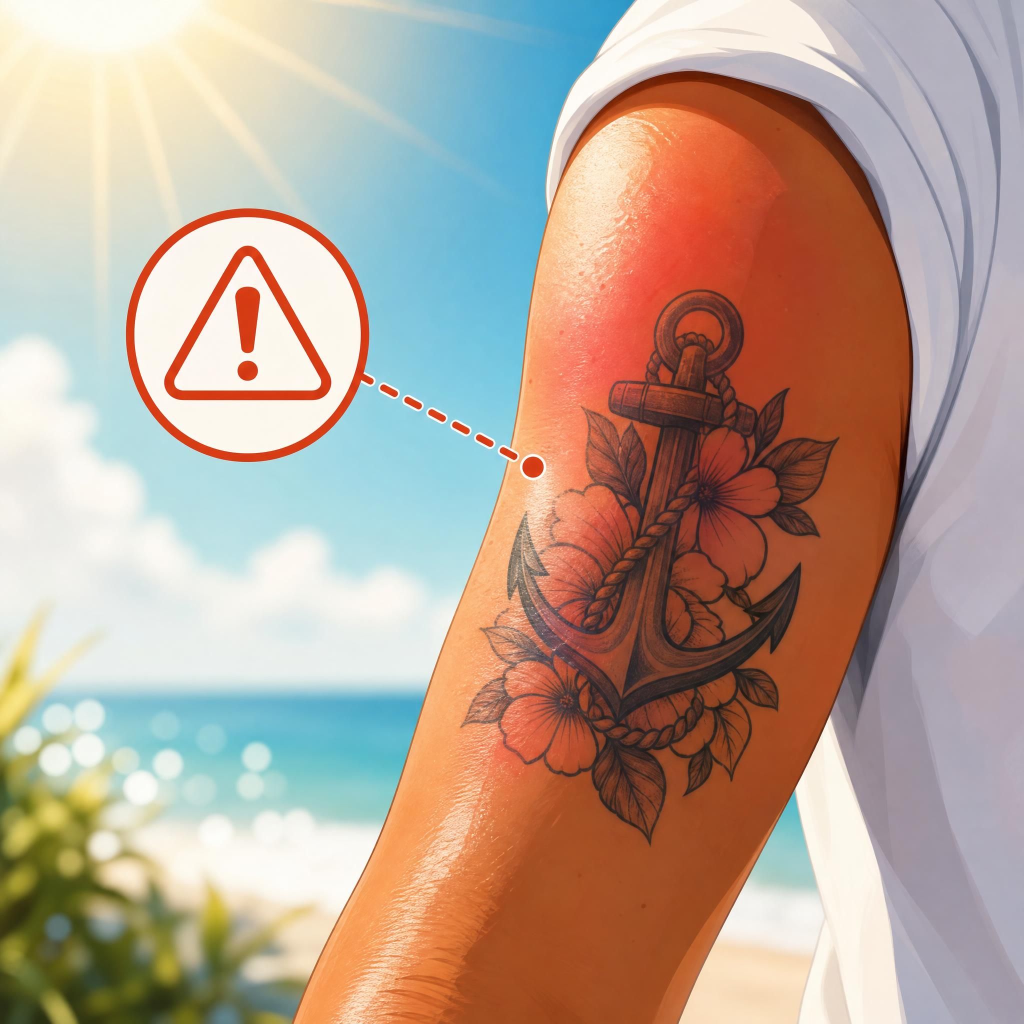 Illustration d'un tatouage sur un bras exposé au soleil avec une icône d'avertissement, style illustratif coloré sans texte