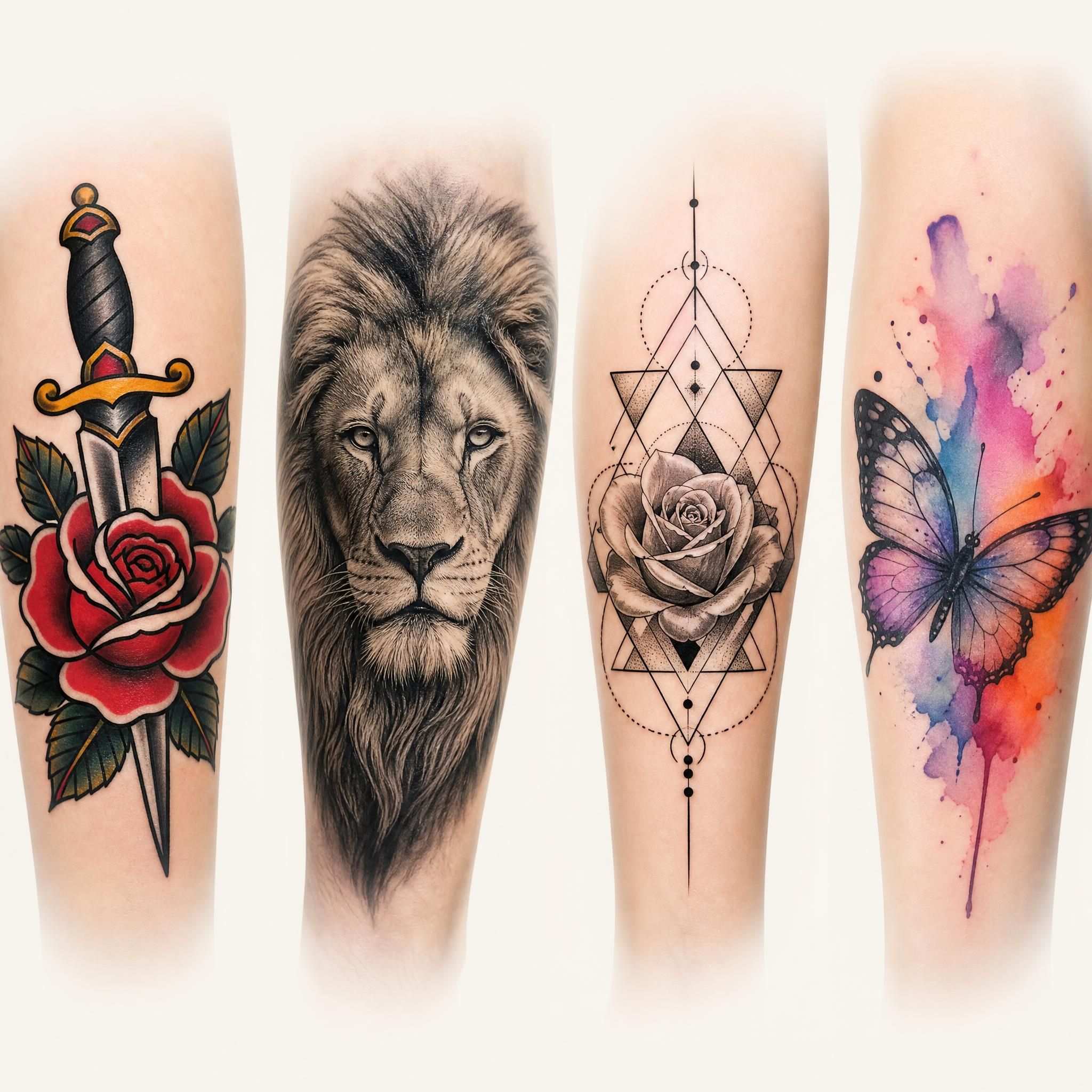 Illustration comparative de différents styles de tatouage - traditionnel, réaliste, géométrique, aquarelle - sur fond clair, sans texte