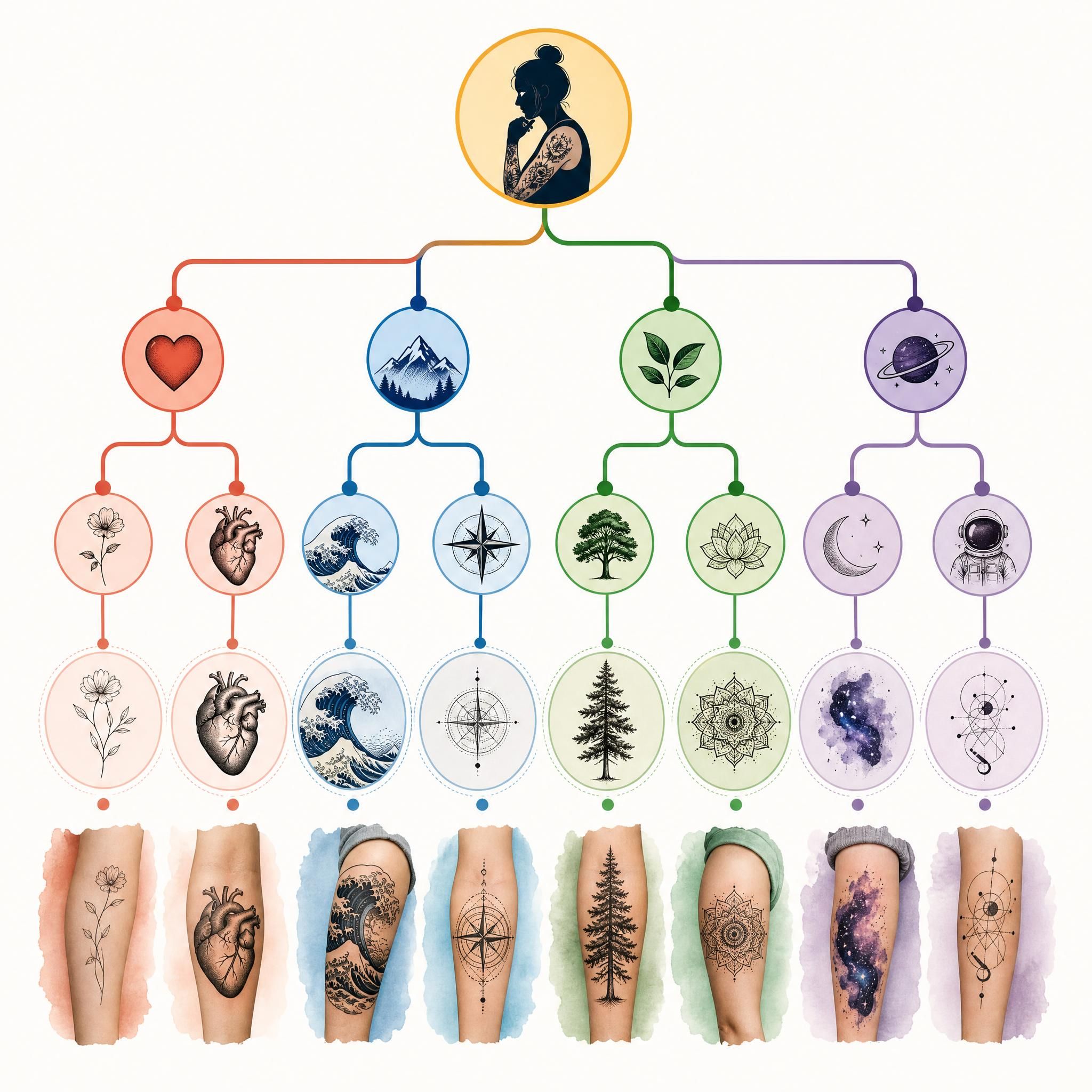 Illustration illustrative d'un arbre de décision visuel et coloré représentant les étapes de choix d'un style de tatouage, avec des icônes symboliques, sans texte dans l'image