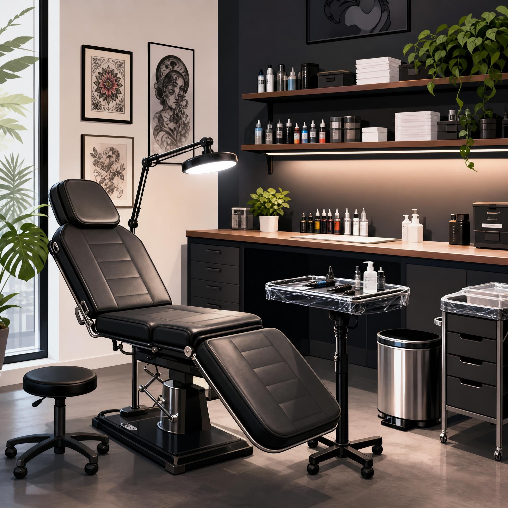 Illustration d'un studio de tatouage propre et bien équipé avec du matériel stérile, style illustratif moderne sans texte