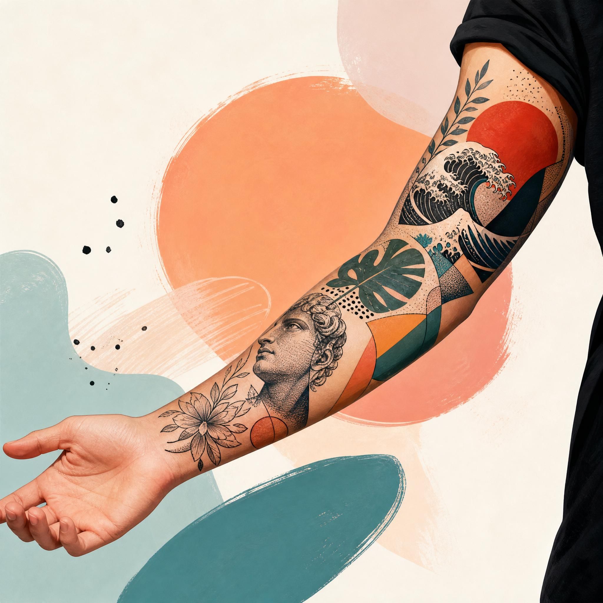 Illustration colorée et illustrative d'un bras tatoué avec différents styles artistiques modernes, sans texte