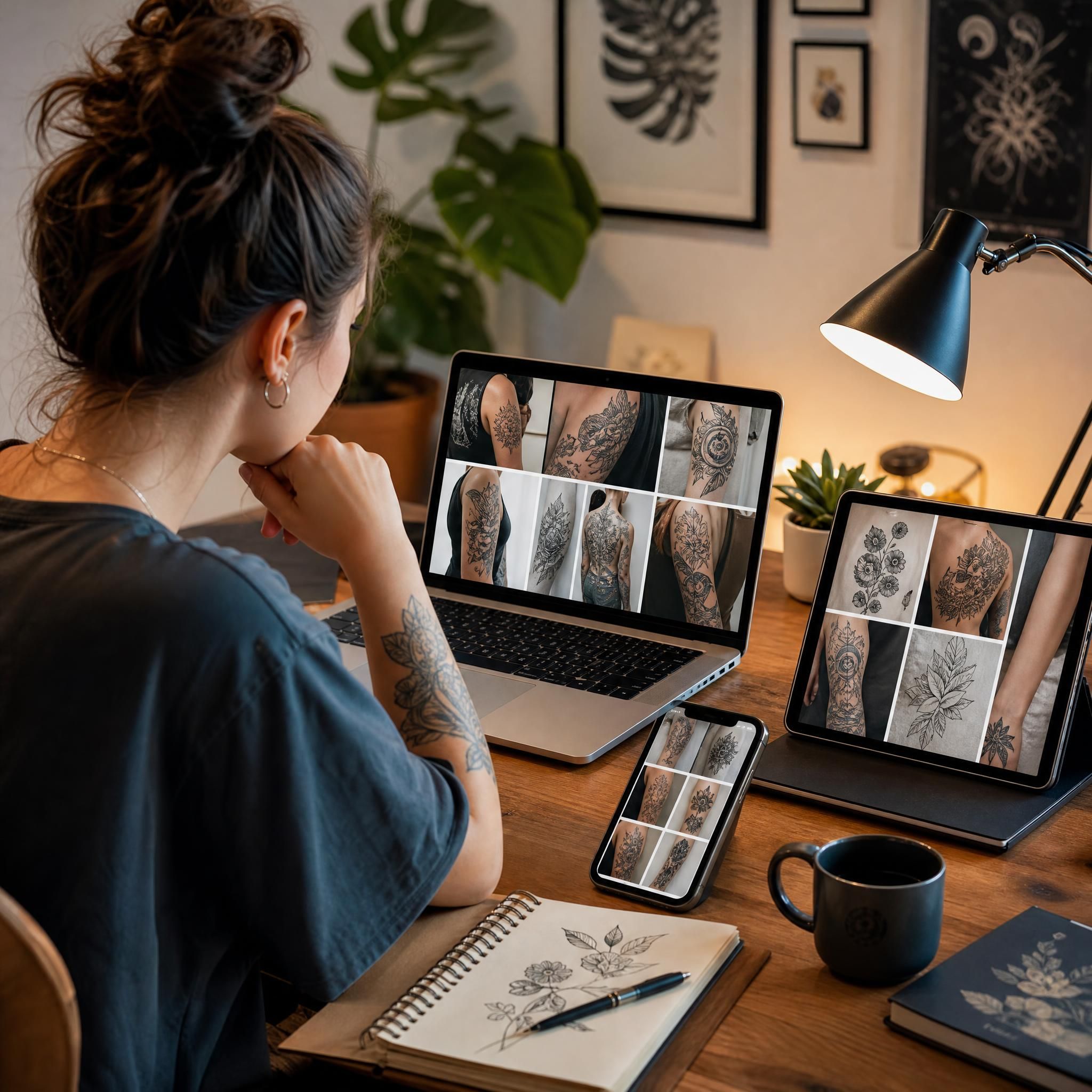 Illustration d'une personne en train de comparer des portfolios de tatoueurs sur différents appareils numériques, style illustratif chaleureux et inspirant sans texte