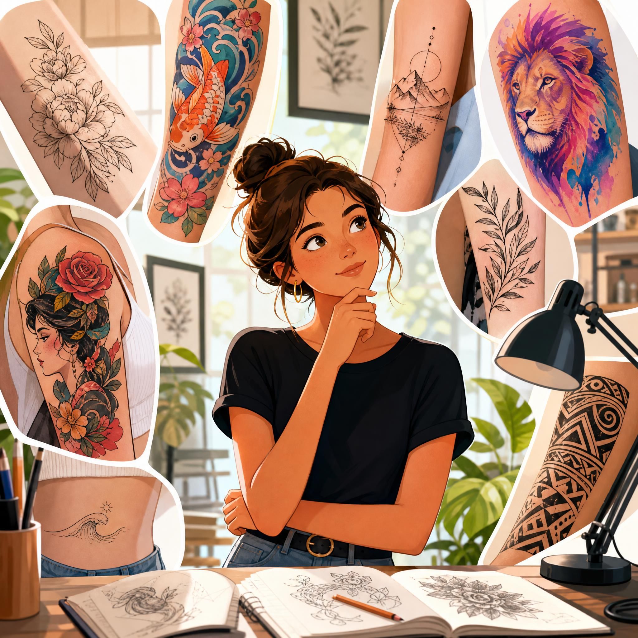 Illustration colorée et bienveillante d'une personne découvrant l'univers du tatouage, avec des exemples de styles variés autour d'elle, style illustratif sans texte