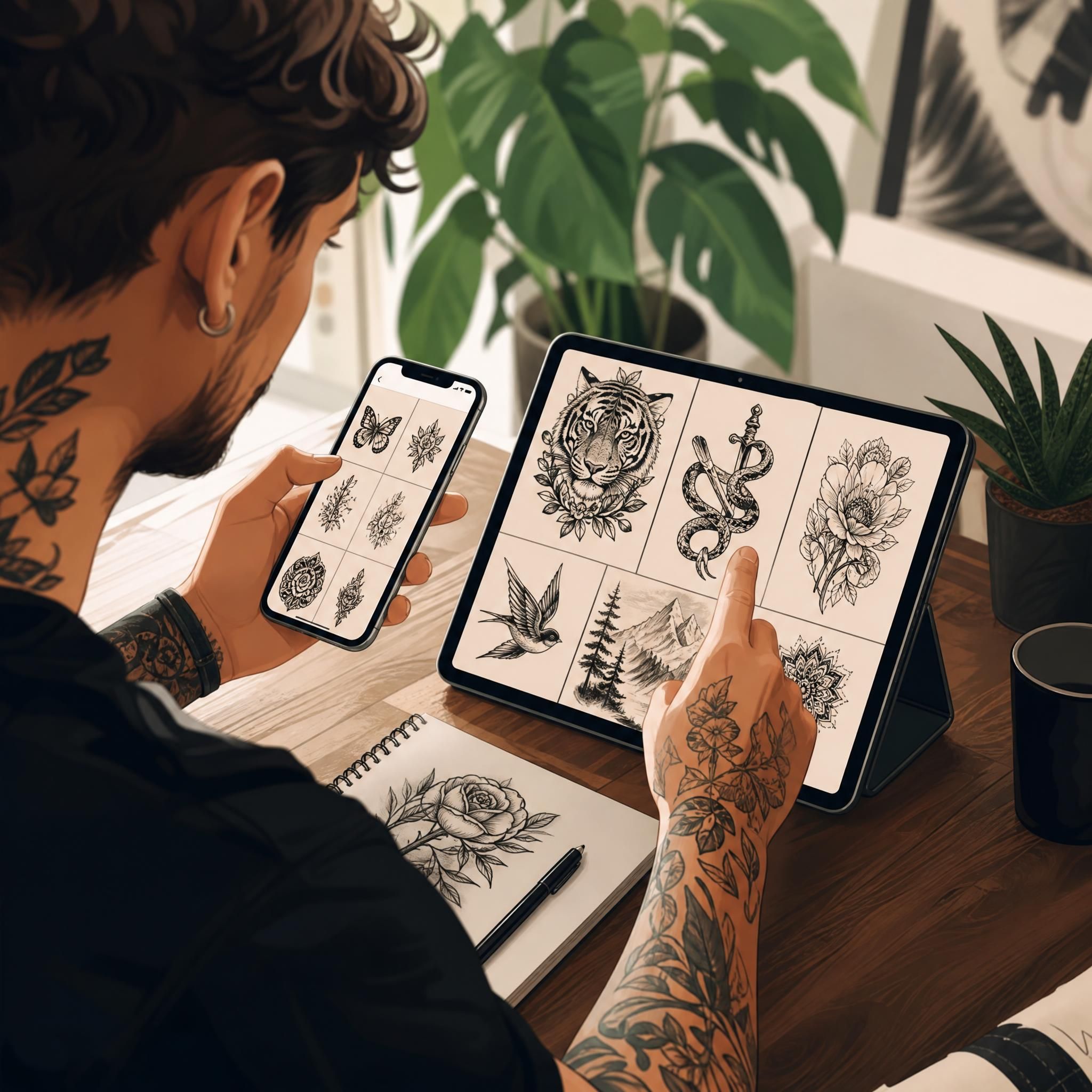 Illustration décontractée d'une personne utilisant une tablette et un smartphone pour explorer des designs de tatouage, style illustratif coloré sans texte