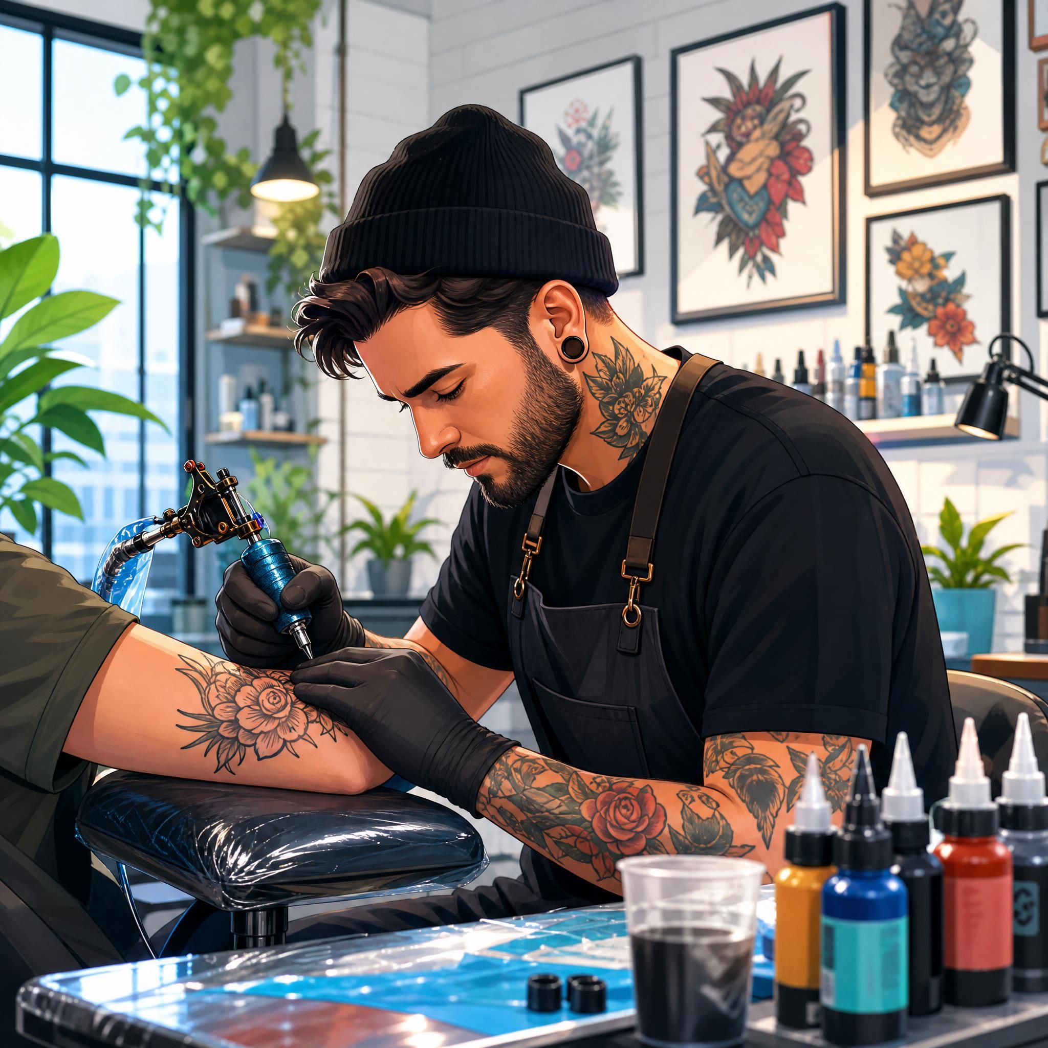 Illustration colorée d'un tatoueur au travail dans un studio propre et lumineux, style illustratif sans texte
