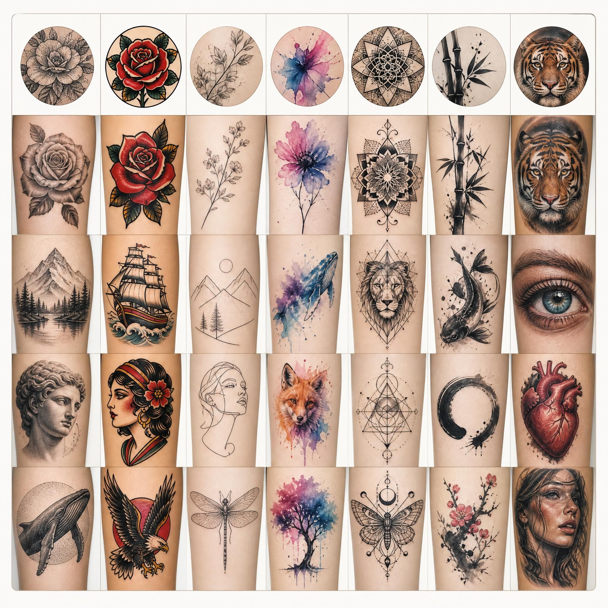 Illustration illustrative montrant un tableau comparatif visuel de styles de tatouage avec des exemples de motifs caractéristiques pour chaque style, sans texte dans l'image