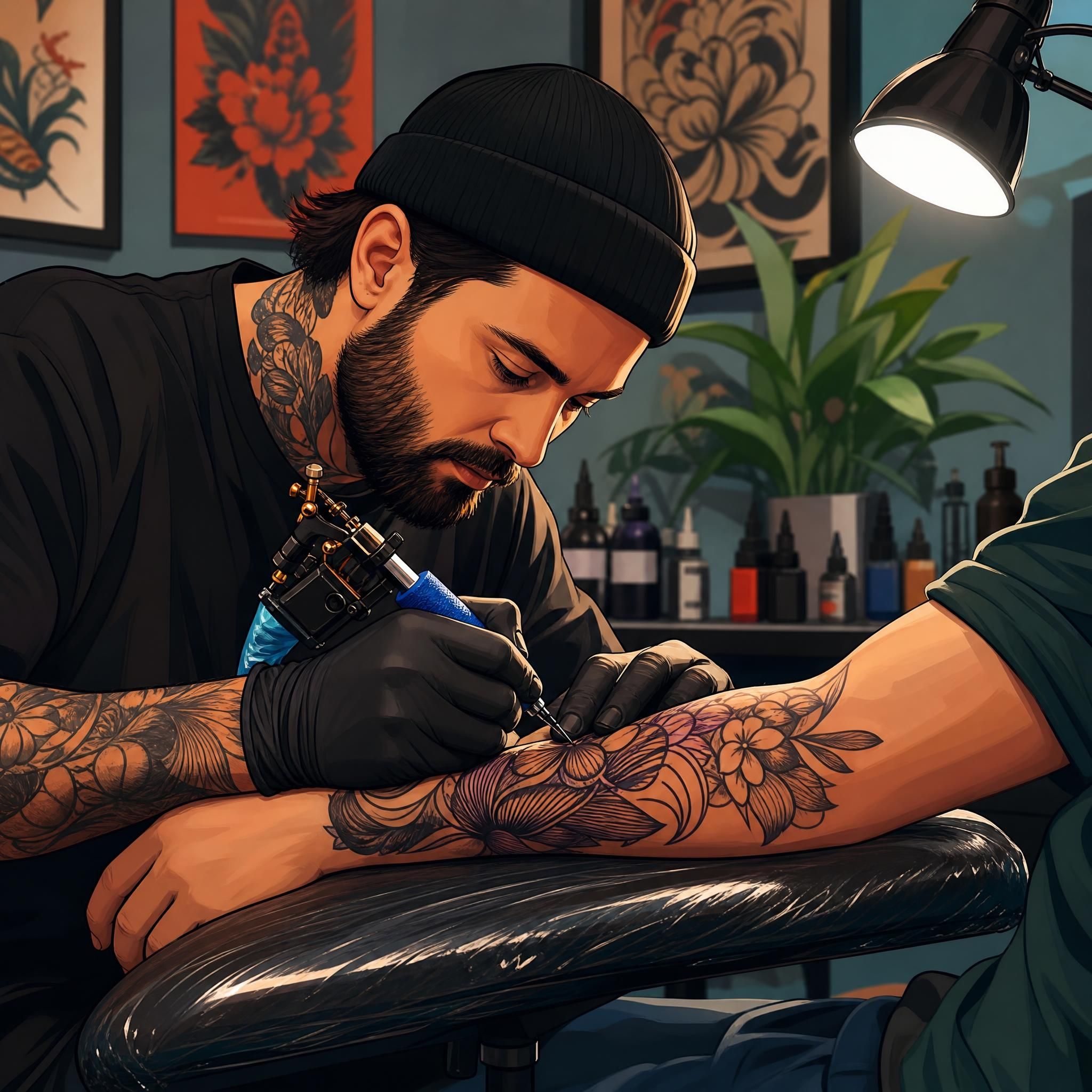 Illustration d'un tatoueur professionnel en train de travailler sur un bras, style illustratif coloré sans texte