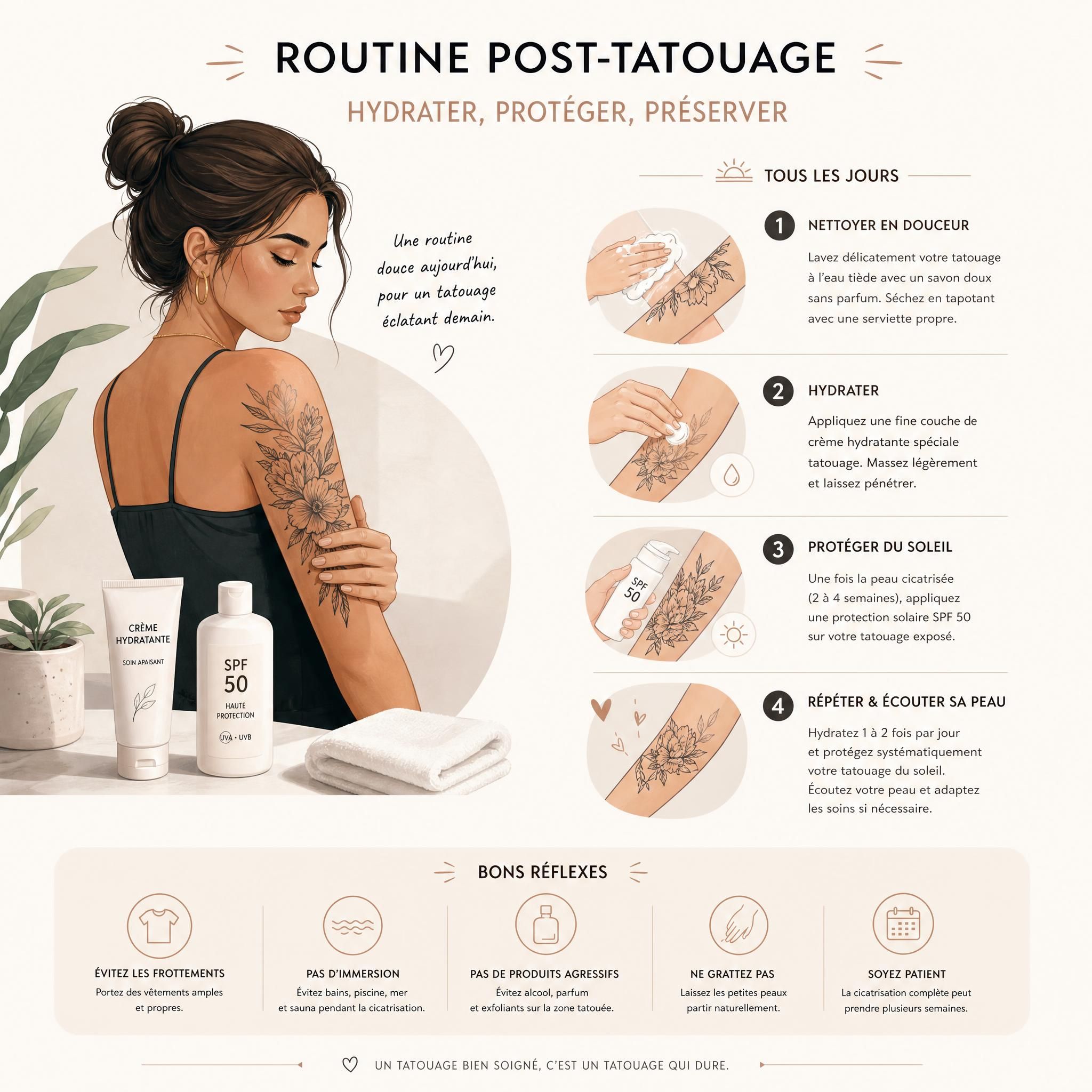 Illustration d'une routine de soin post-tatouage avec crème hydratante et protection solaire, style illustratif doux