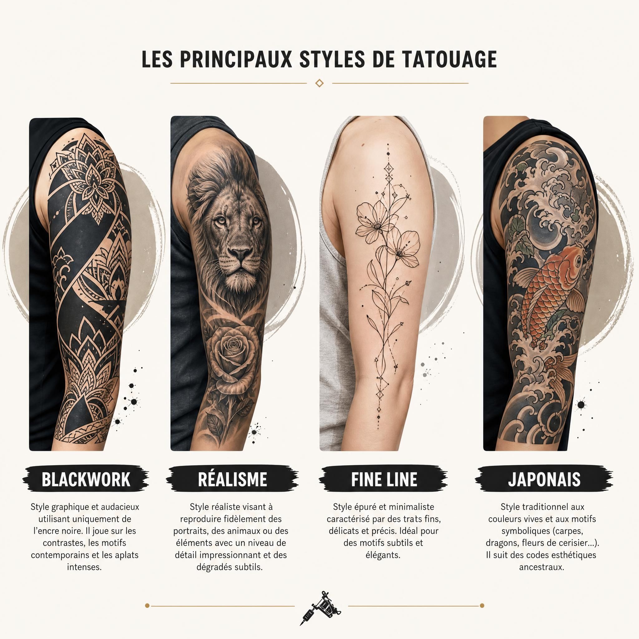 Illustration montrant différents styles de tatouage côte à côte - blackwork, réalisme, fine line, japonais - style graphique illustratif