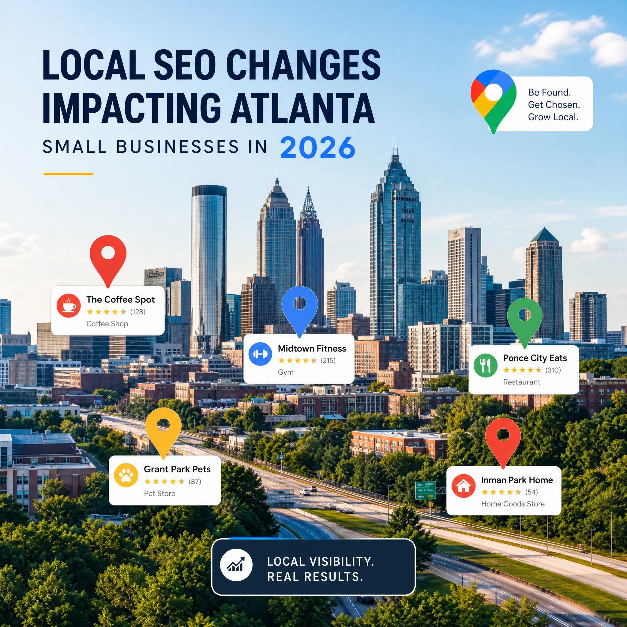 Atlanta skyline with Google Maps pins overlaid, representing local SEO changes impacting Atlanta small businesses in 2026