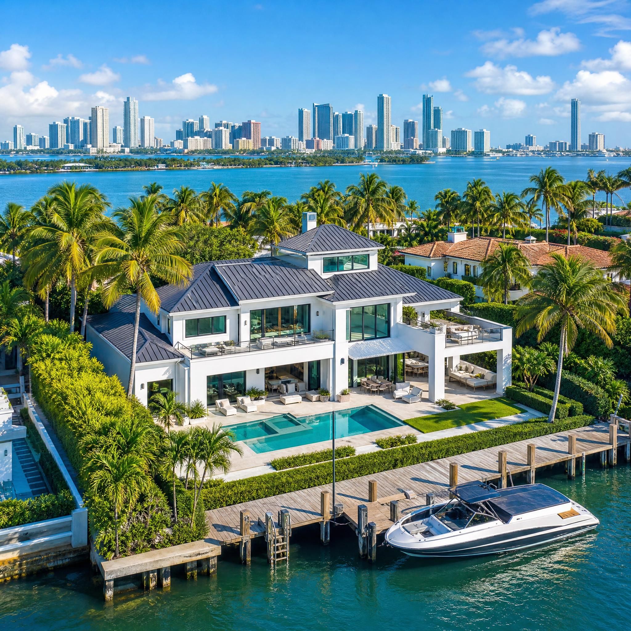 Aerial view of a luxury waterfront home in South Florida with Miami skyline in the background, representing the Miami-Dade and Broward County real estate market