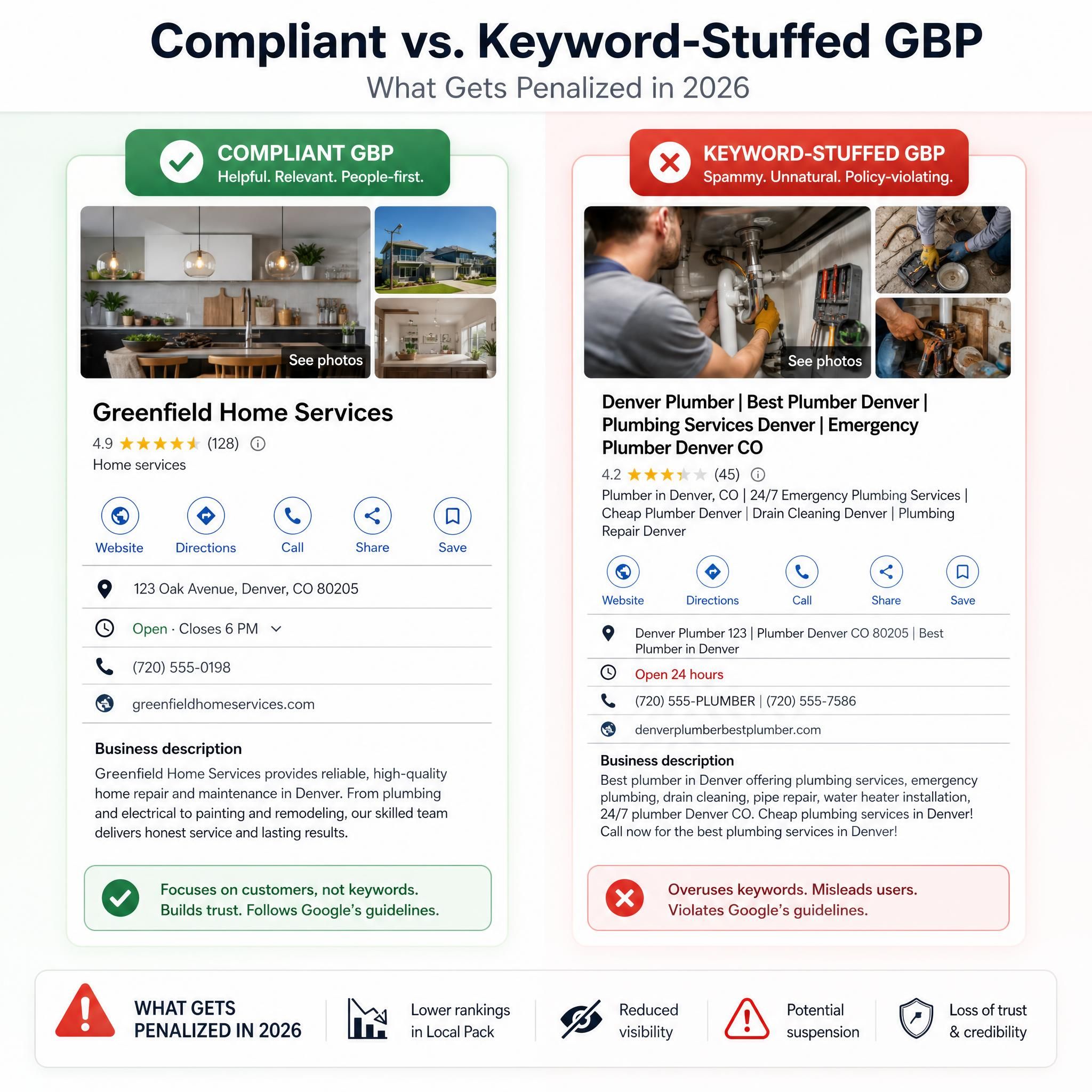 Side-by-side comparison of a compliant vs. keyword-stuffed Google Business Profile, showing what gets penalized in 2026