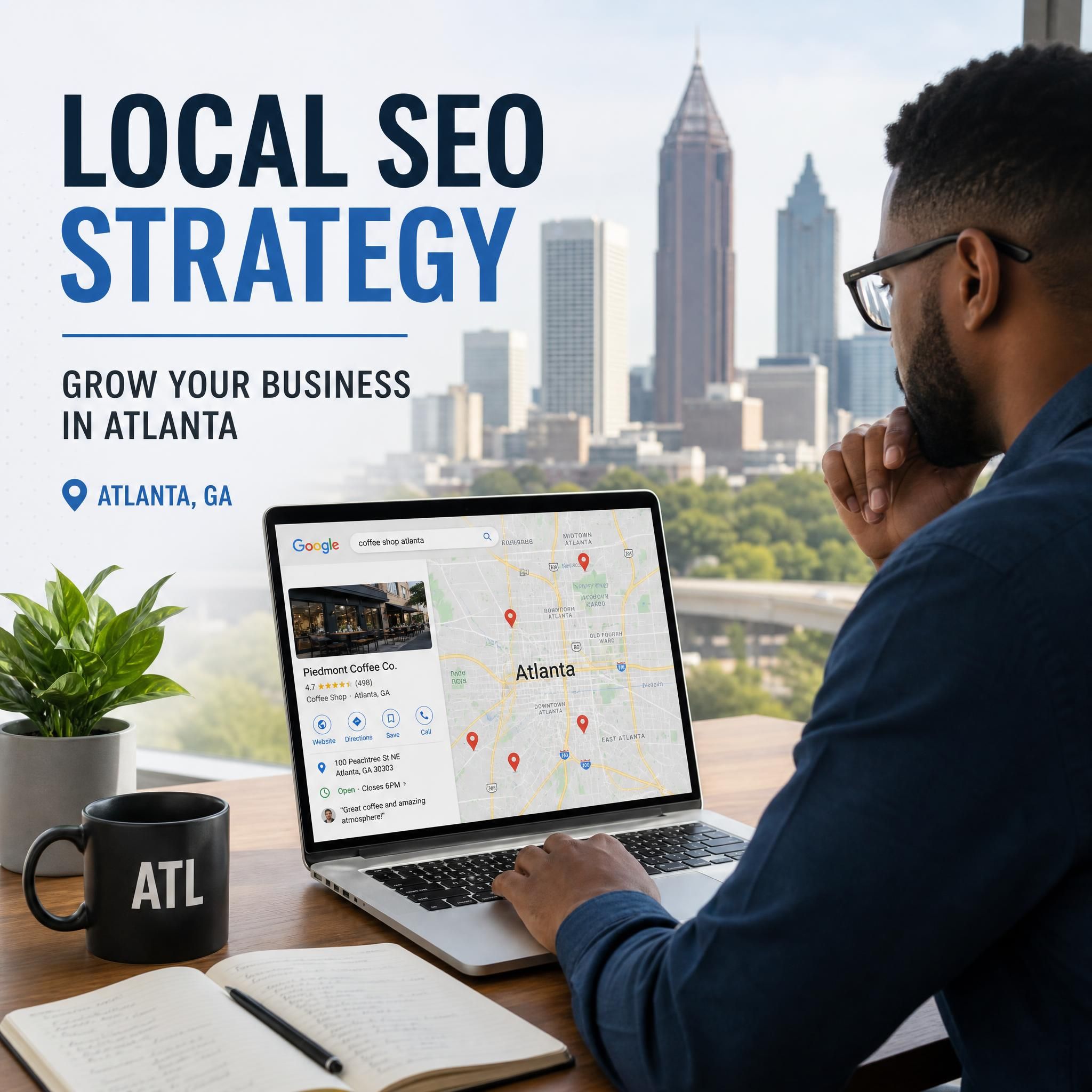 Atlanta business owner reviewing local SEO strategy on laptop with Google Maps open, showing Atlanta cityline in background