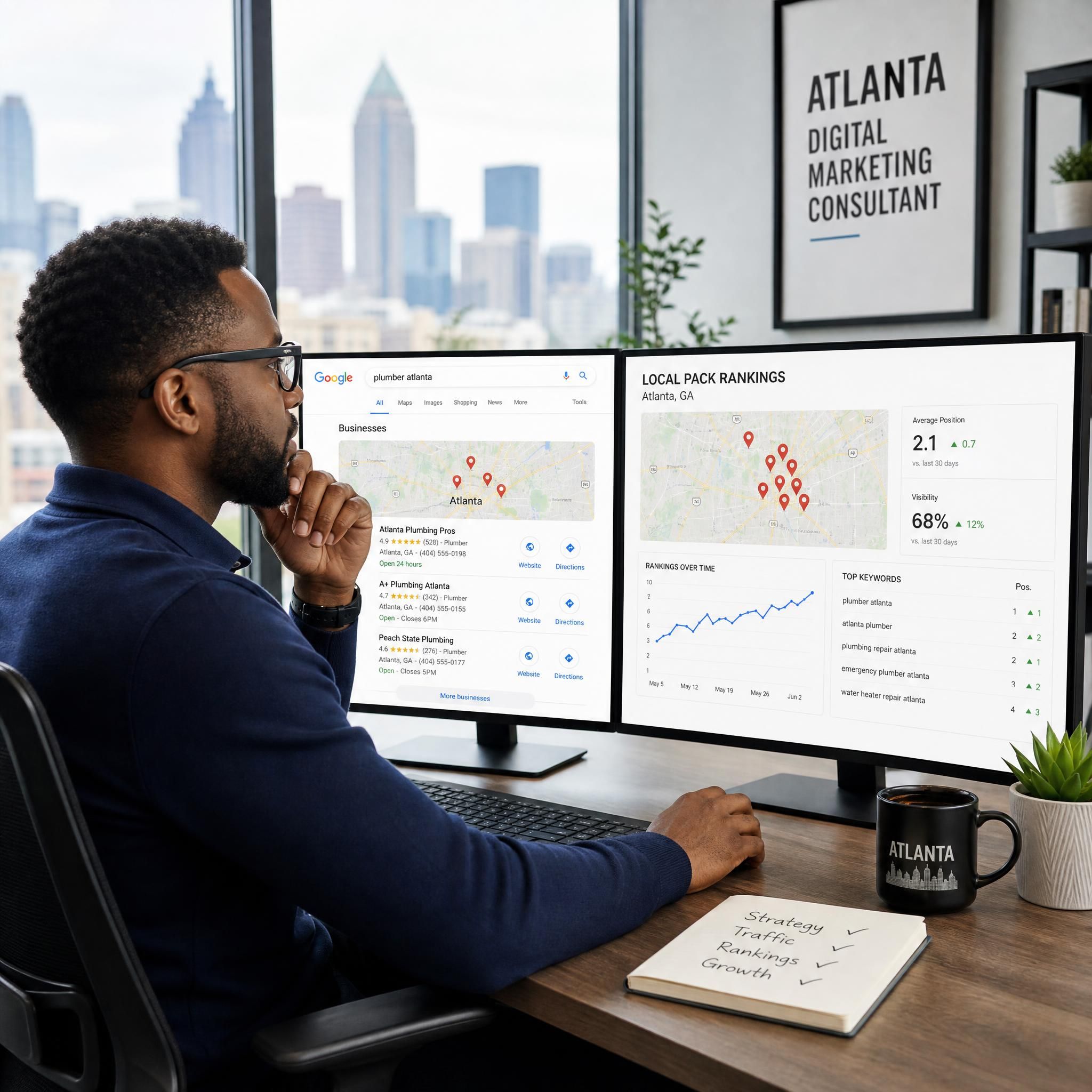 Atlanta digital marketing consultant reviewing Google Maps local pack rankings on dual monitor setup in modern office