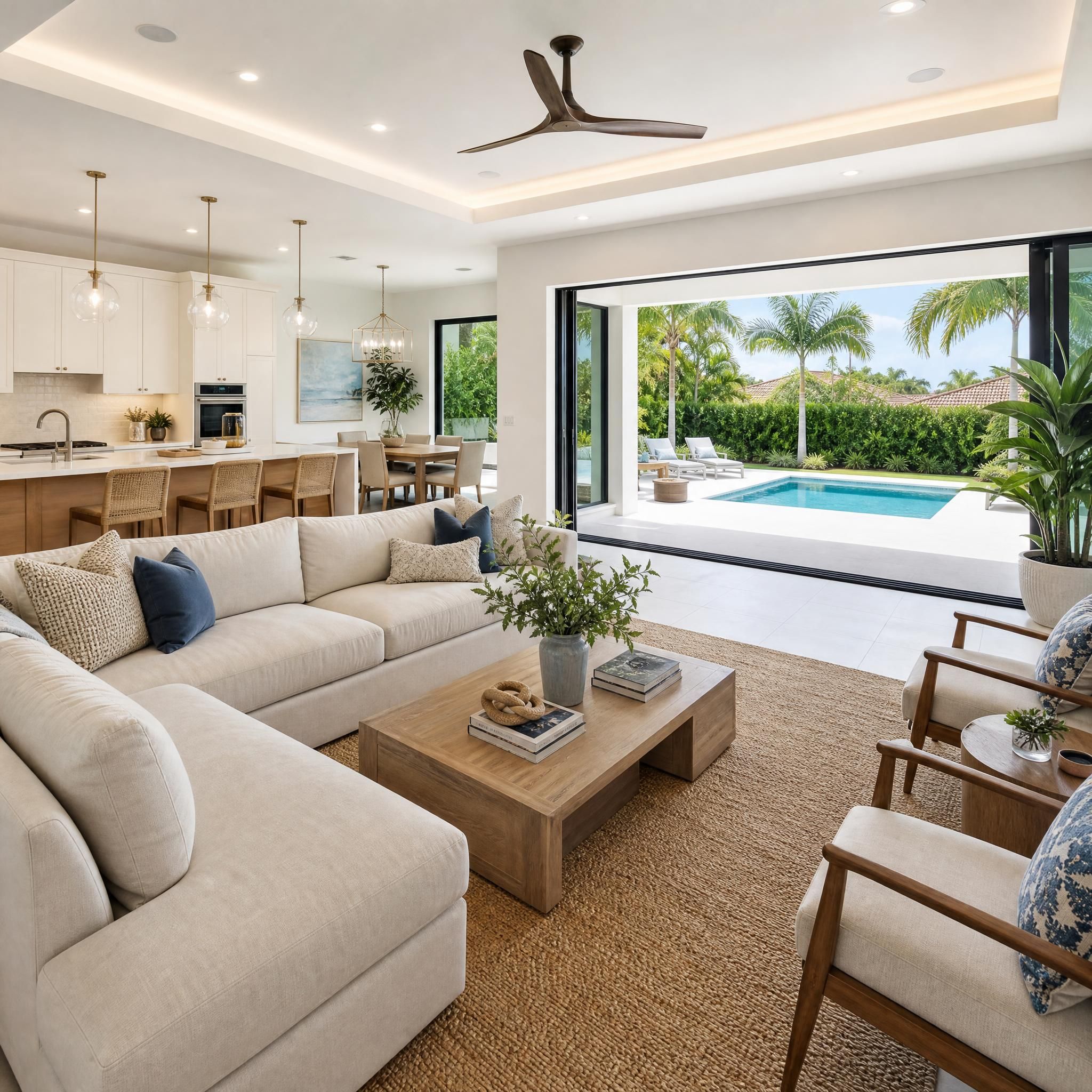 Beautifully staged South Florida home interior with open floor plan, neutral tones, and sliding glass doors opening to a pool patio — representing ideal property presentation for Miami-Dade and Broward sellers