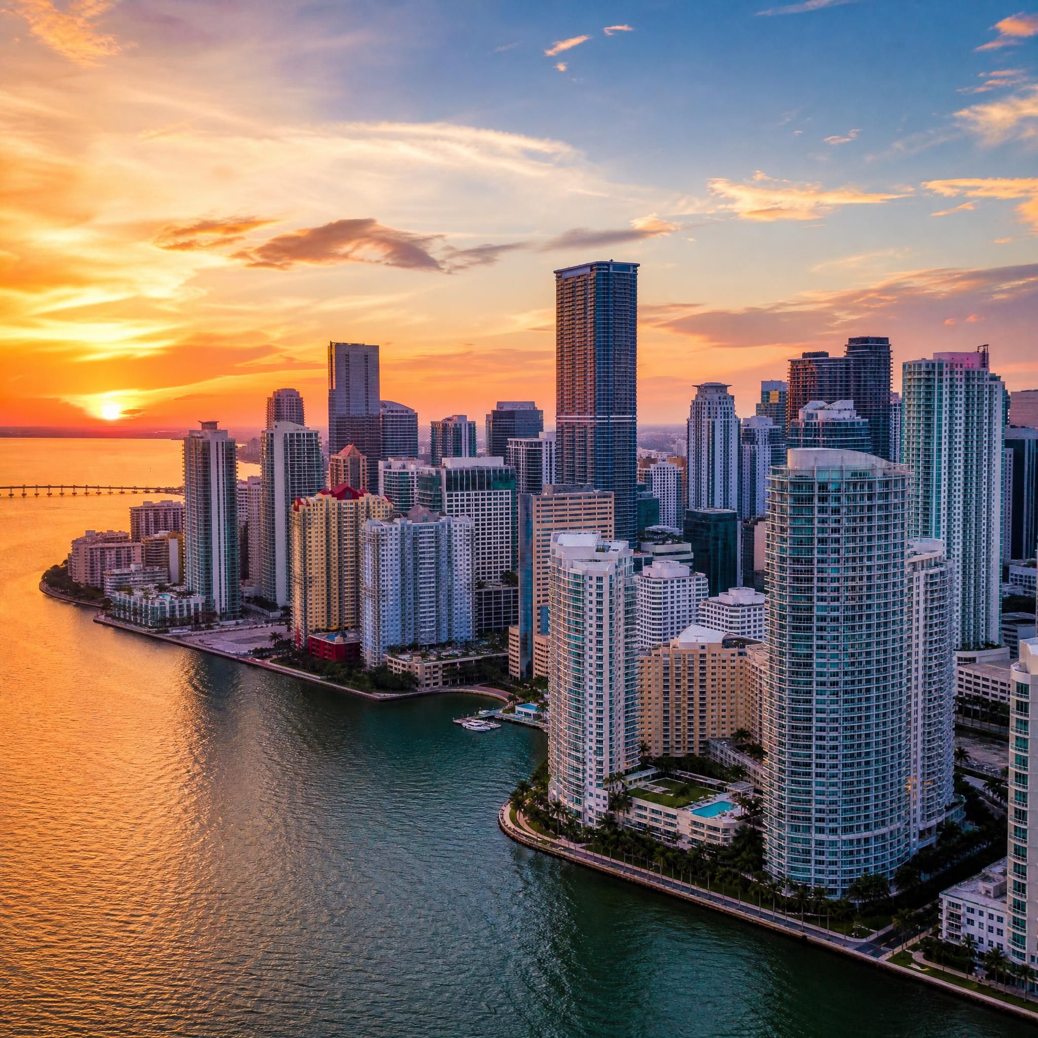 Aerial drone view of Miami's Brickell skyline at sunset with Biscayne Bay waterfront luxury towers