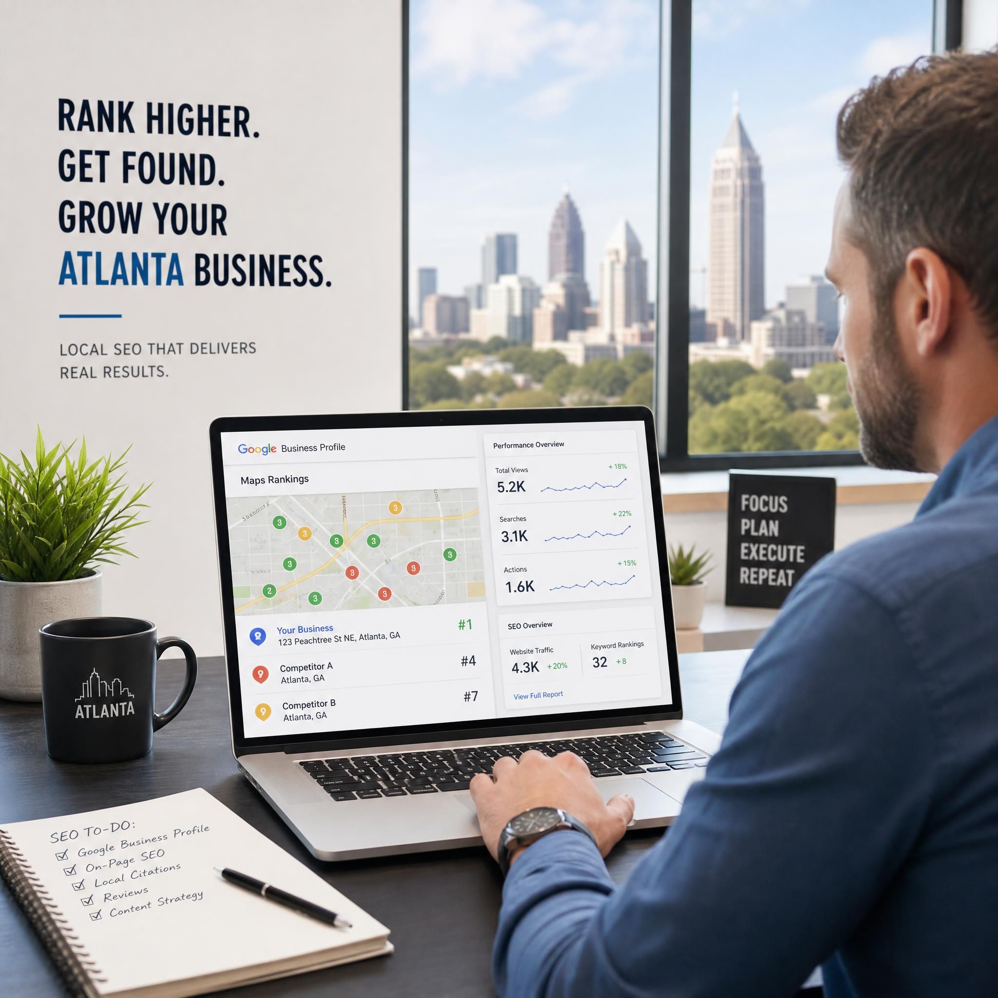 Atlanta small business owner reviewing Google Maps rankings and SEO results on laptop in a modern office